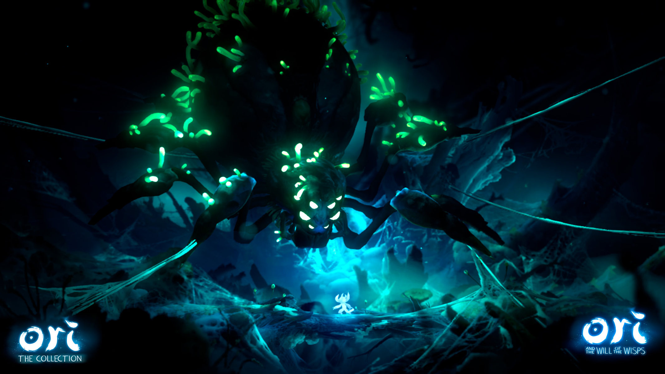 Una criatura grande con forma de araña con luces verdes brillantes en un ambiente oscuro, iluminado en azul. Un personaje pequeño está debajo.