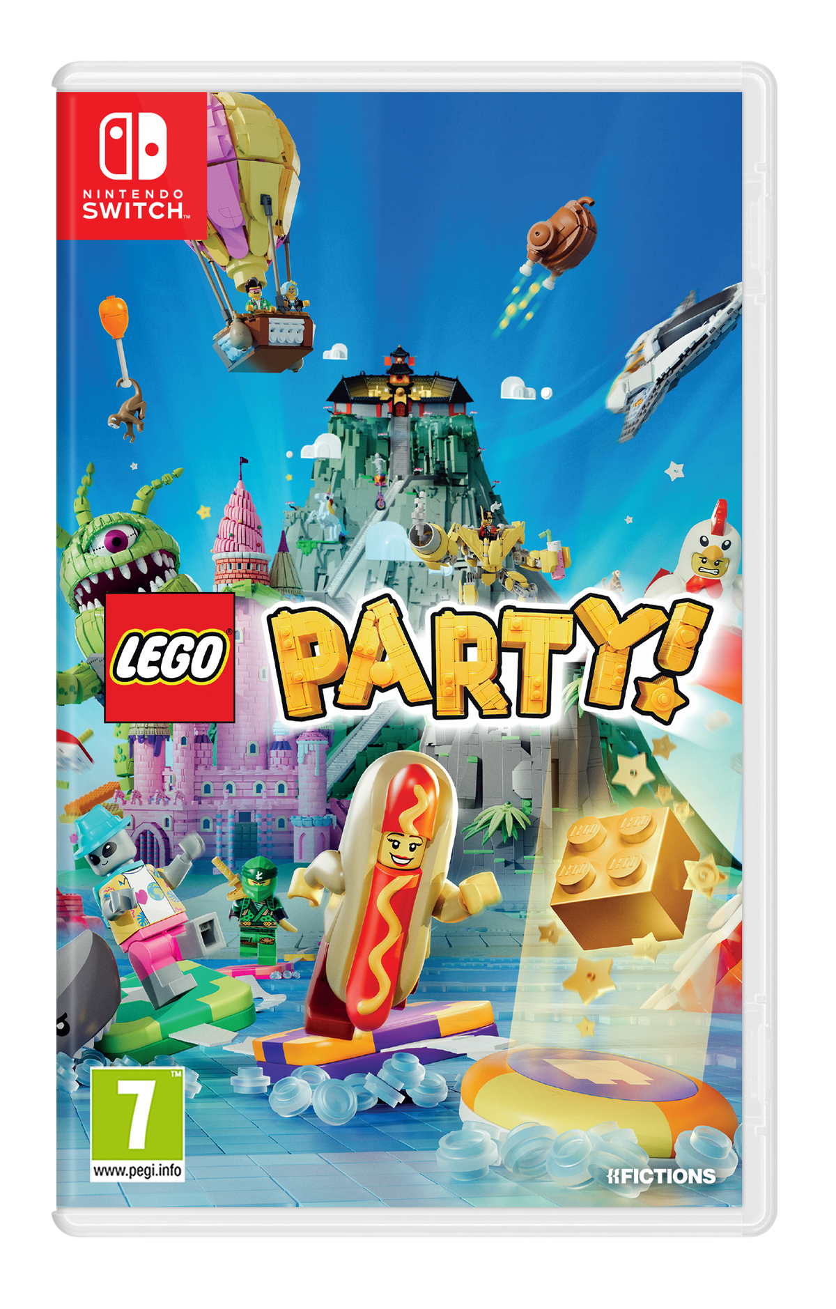 Okładka gry Lego Party. Kolorowe postacie i sceny Lego na niebieskim tle.