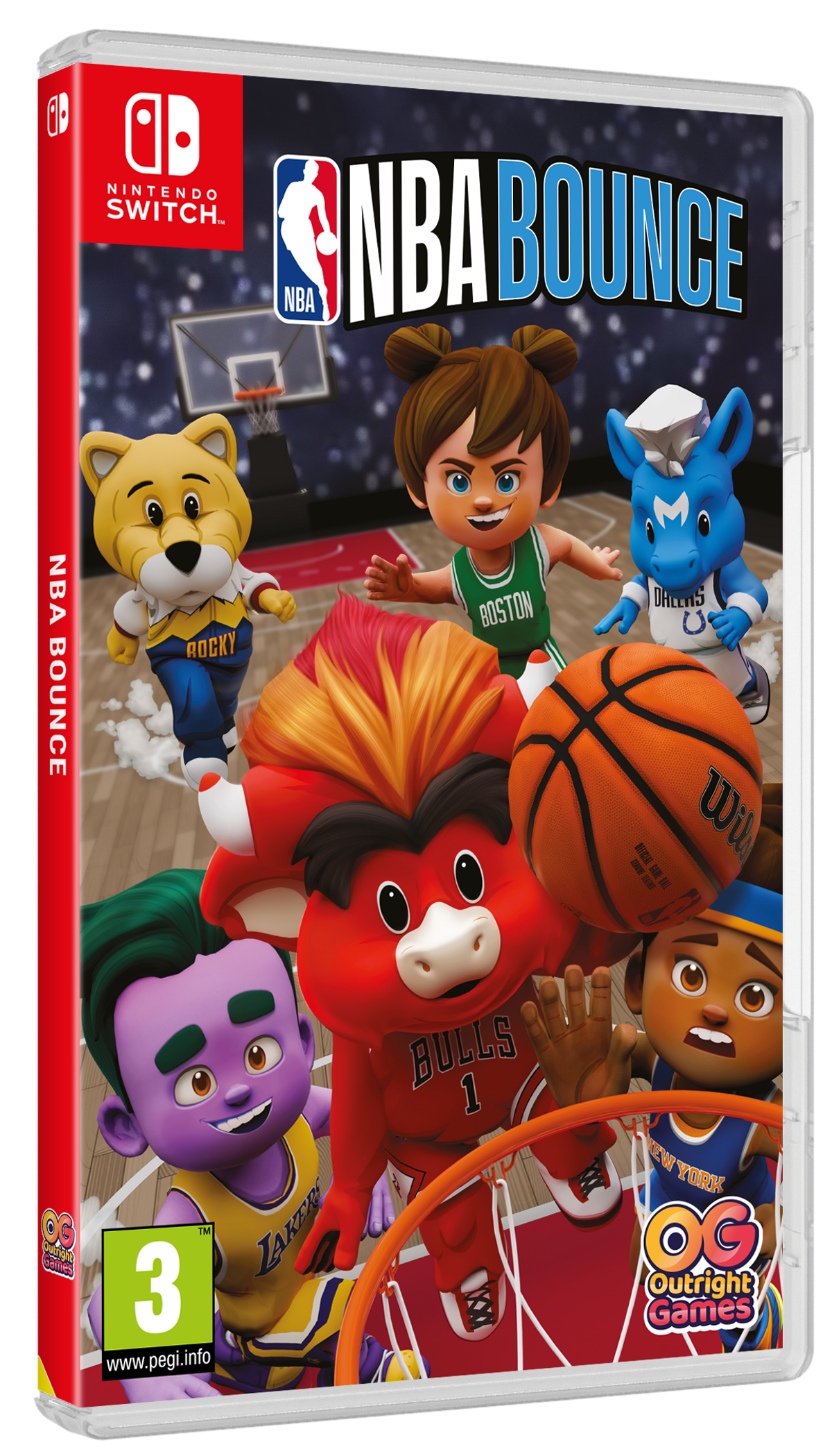 Copertina del gioco NBA Bounce. Mascotte dei cartoni animati con un pallone da basket.