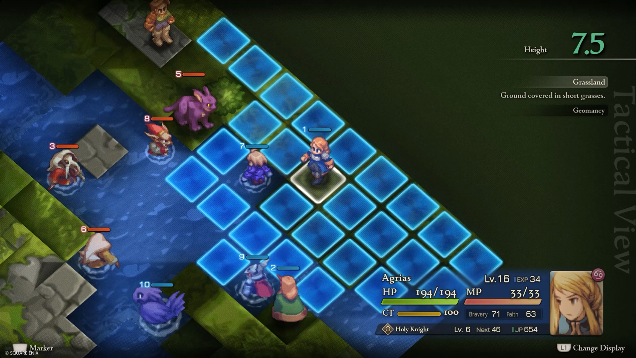 Tactics Ogre: Reborn-Spiel. Eine strategische Kampfszene mit Fantasy-Charakteren auf einem Raster.