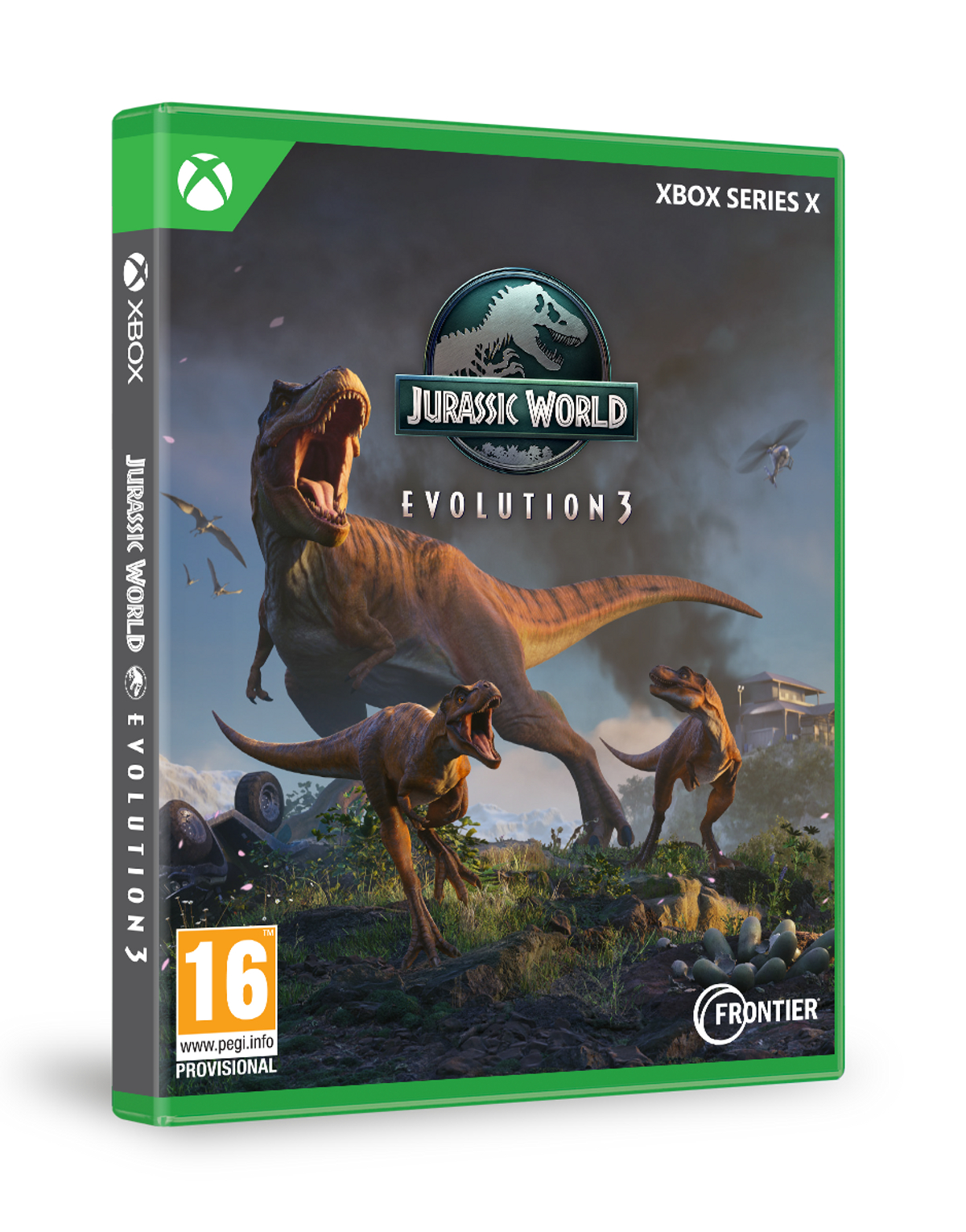 Okładka gry Jurassic World Evolution 3 pokazuje T-Rexa i inne dinozaury. Ma zieloną obwódkę.