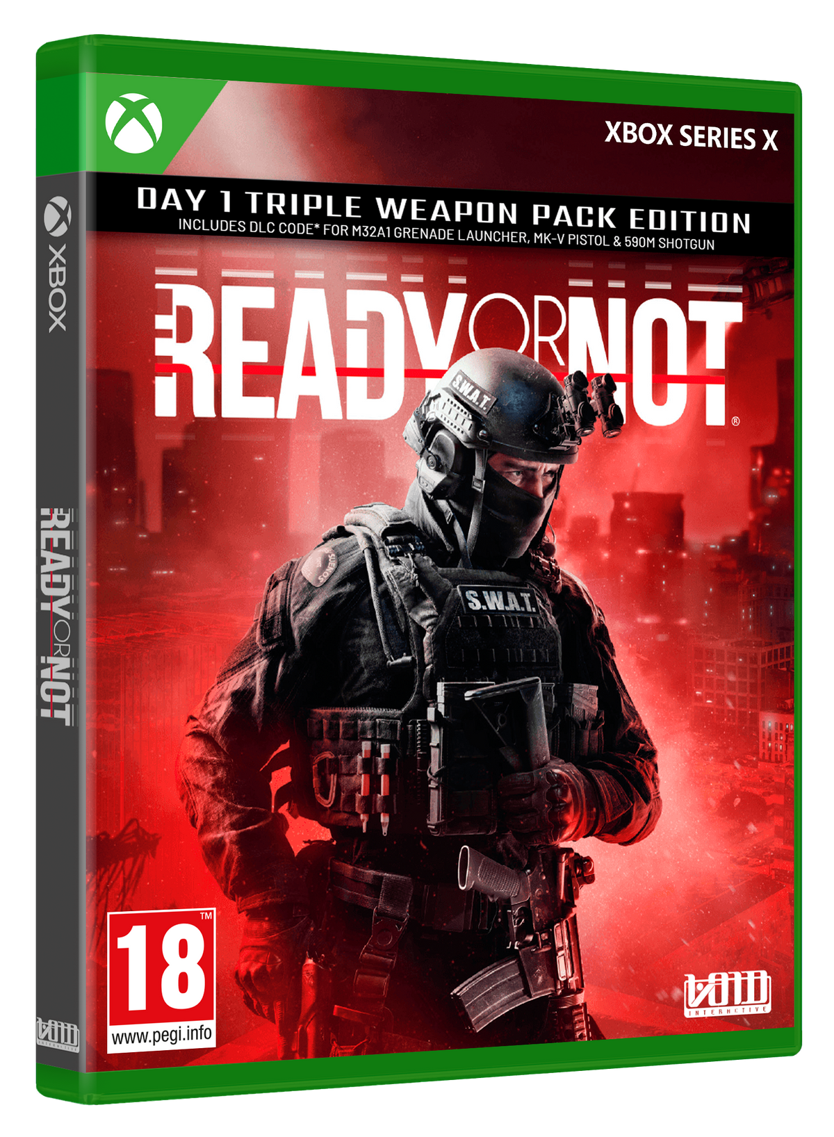 Okładka gry Xbox dla Ready or Not. Funkcjonariusz SWAT jest na pierwszym planie. Czerwone tło.