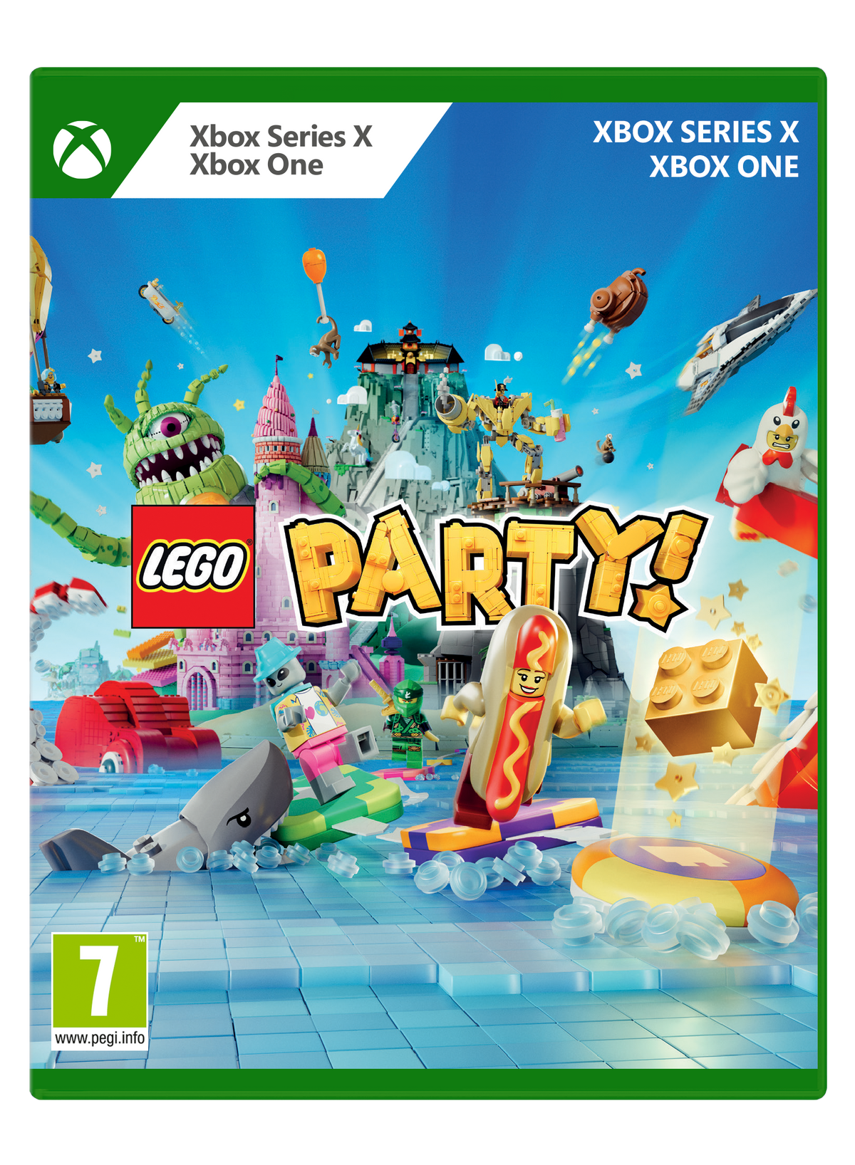 Okładka gry LEGO Party! z różnymi postaciami LEGO na kolorowej imprezie na tle niebieskiego nieba.