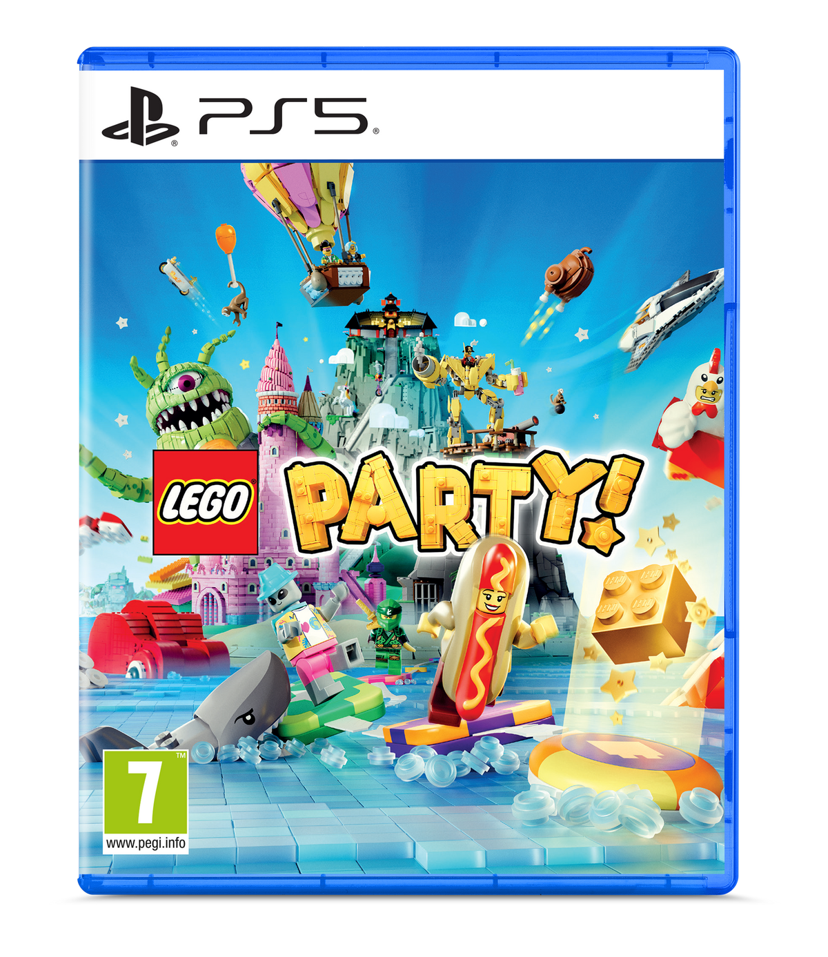Portada de LEGO Party! con varios personajes LEGO en una escena de fiesta colorida con fondo de cielo azul.