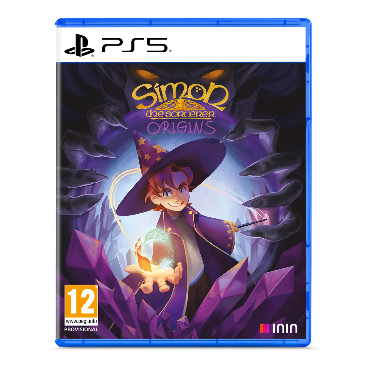 Arte de la caja del juego para Simon the Sorcerer Origins. Presenta un mago sosteniendo una bola de cristal, fondo púrpura.