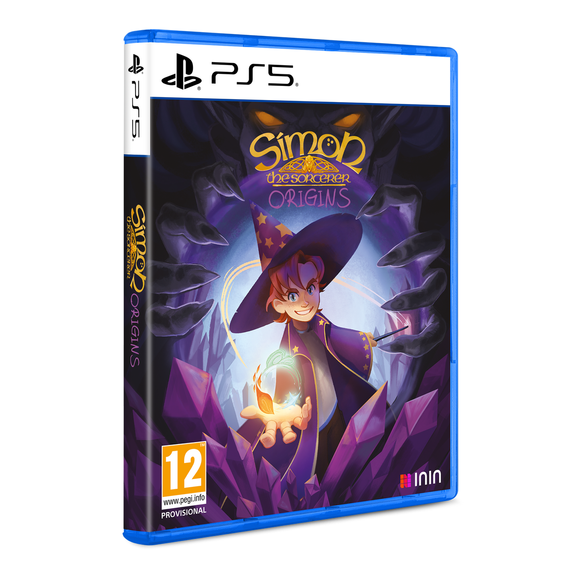 Portada del juego Simon the Sorcerer Origins. Un joven mago con una varita y un mundo púrpura.