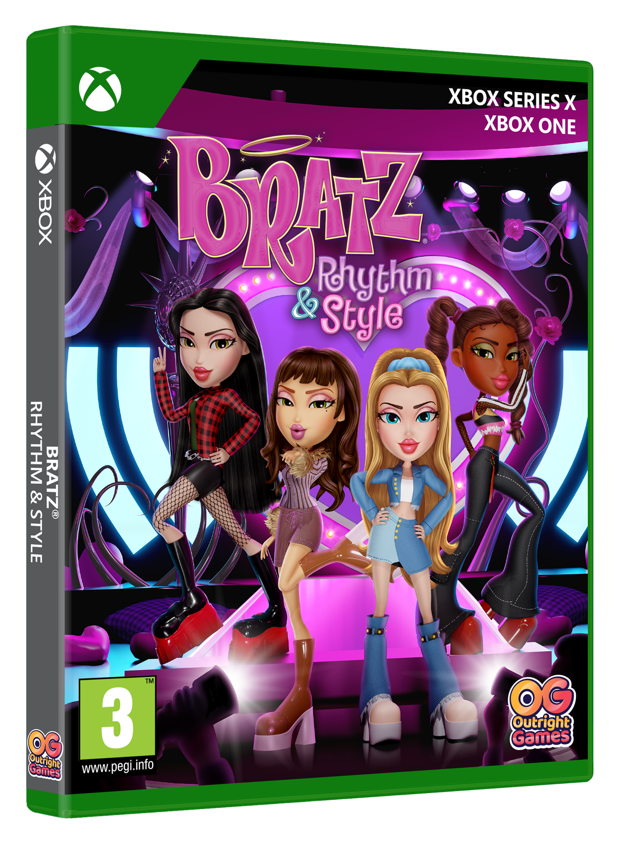 Okładka gry Bratz Rhythm & Style. Cztery lalki Bratz pozują na scenie z logo gry.