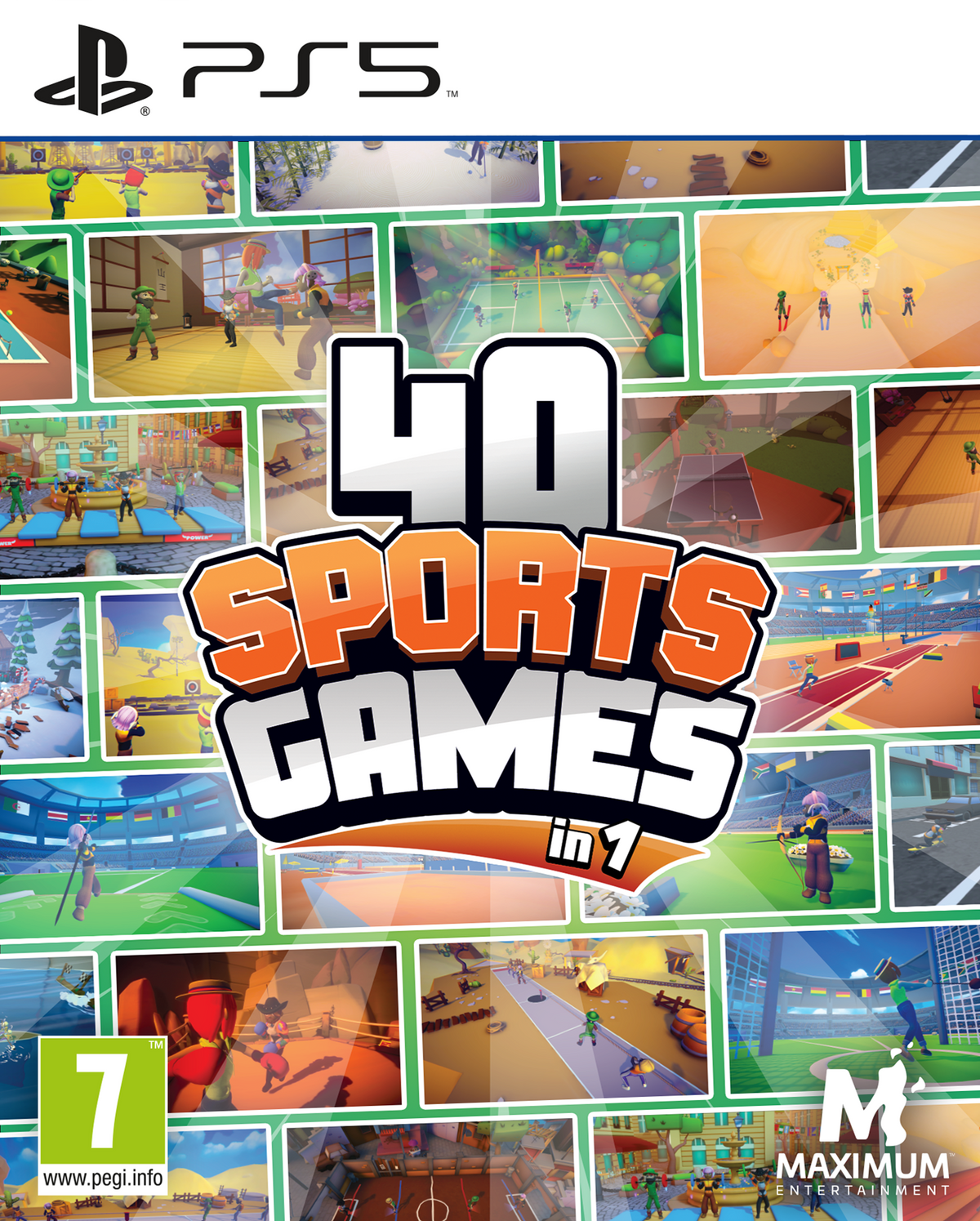 Artwork della confezione di gioco per 40 Sports Games in 1. Presenta varie scene e personaggi sportivi. Design colorato.