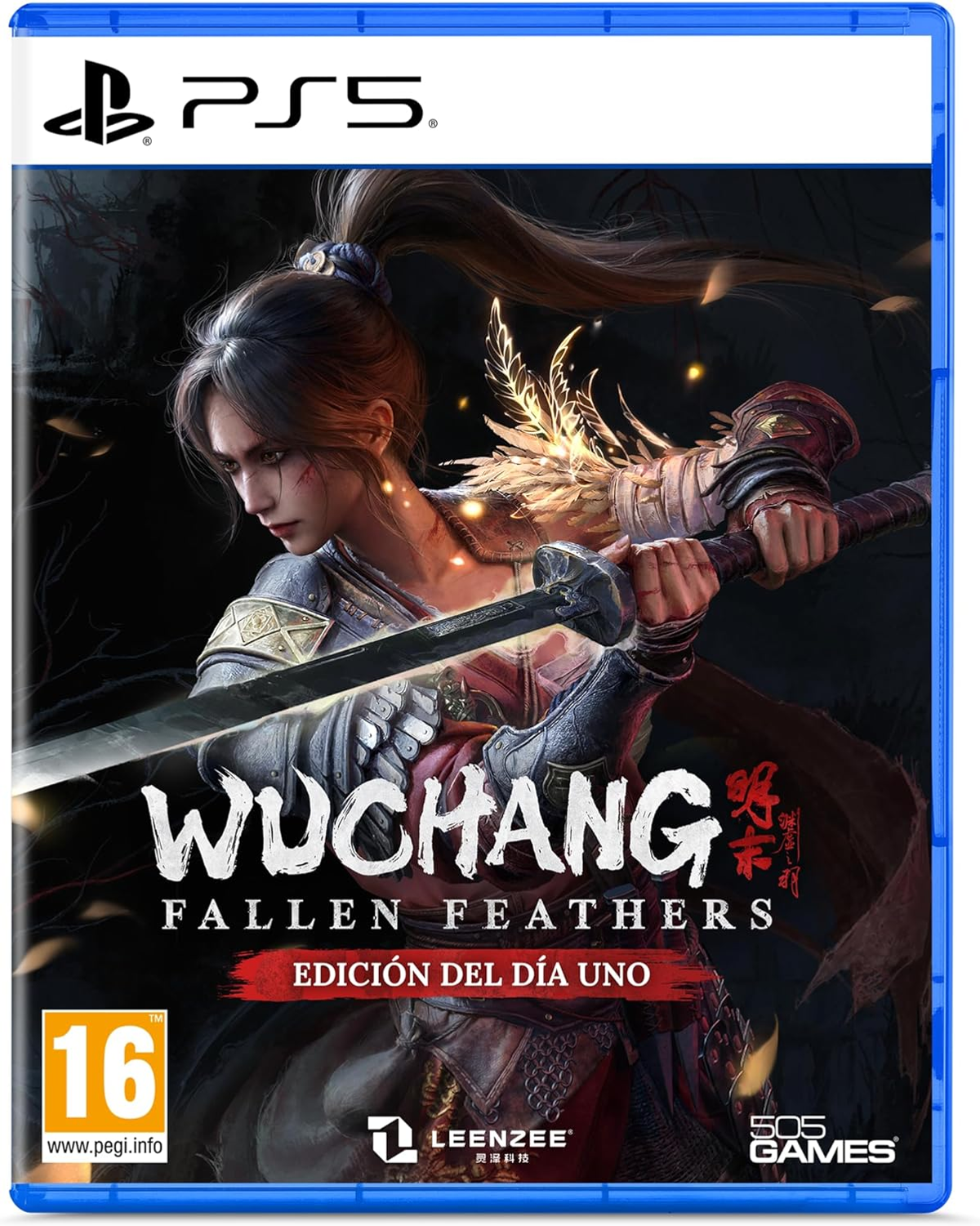 Kobieta z mieczem na okładce gry, ciemne tło. Gra nosi tytuł 'Wuchang: Fallen Feathers'.