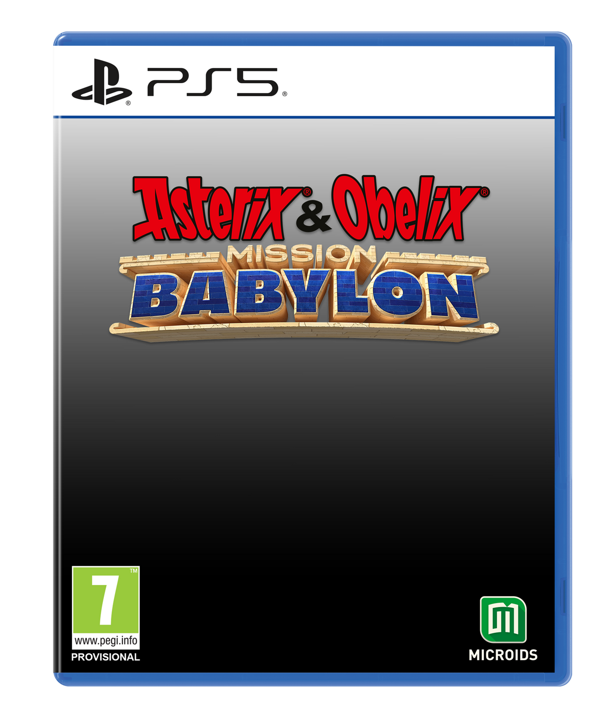 Portada del juego 'Asterix & Obelix: Mission Babylon' con logo y fondo negro.