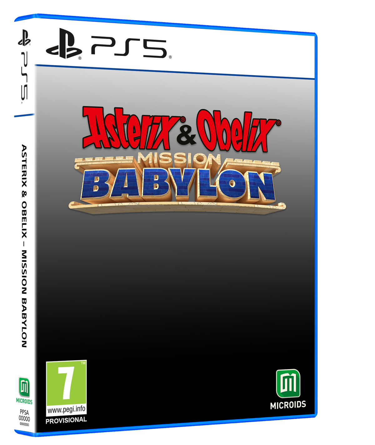 Arte de la caja del juego Asterix & Obelix - Mission Babylon. Presenta el título del juego sobre un fondo azul.
