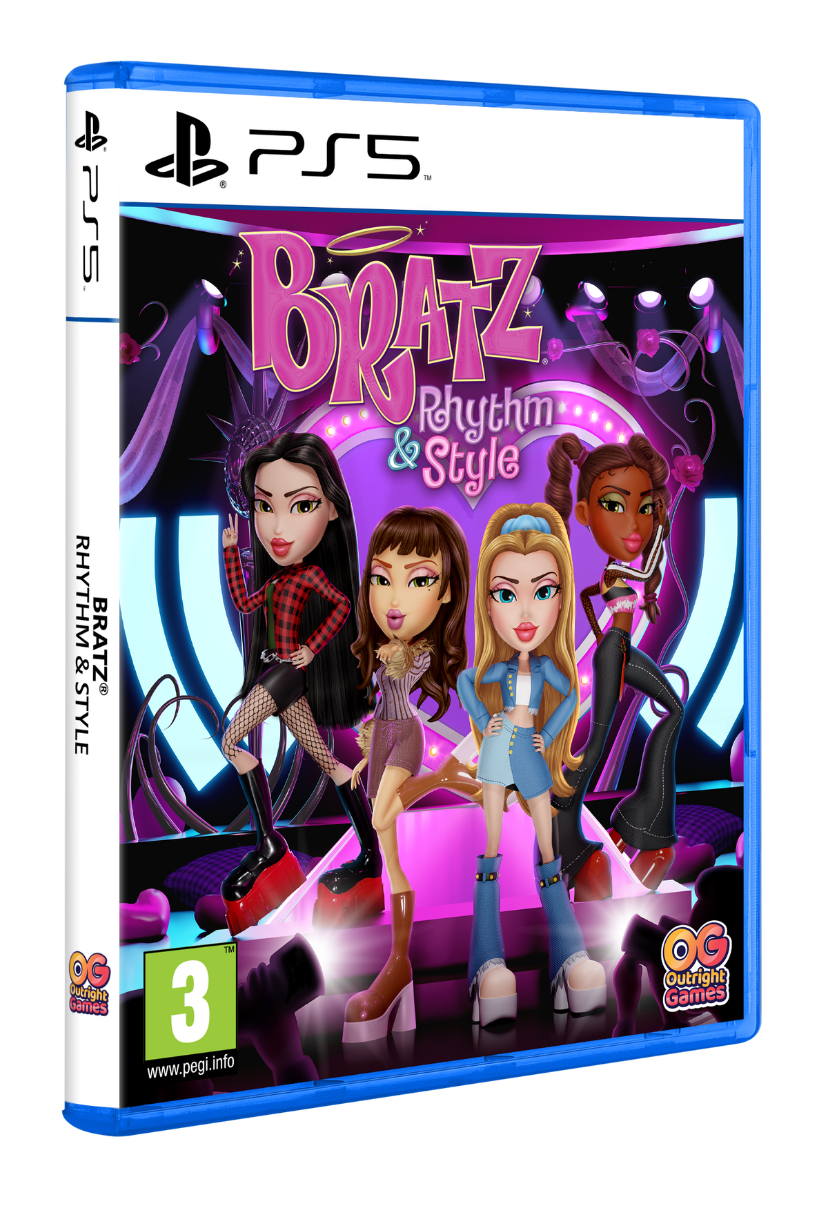 Arte de la caja del juego 'Bratz: Rhythm & Style'. Cuatro muñecas Bratz en un escenario.