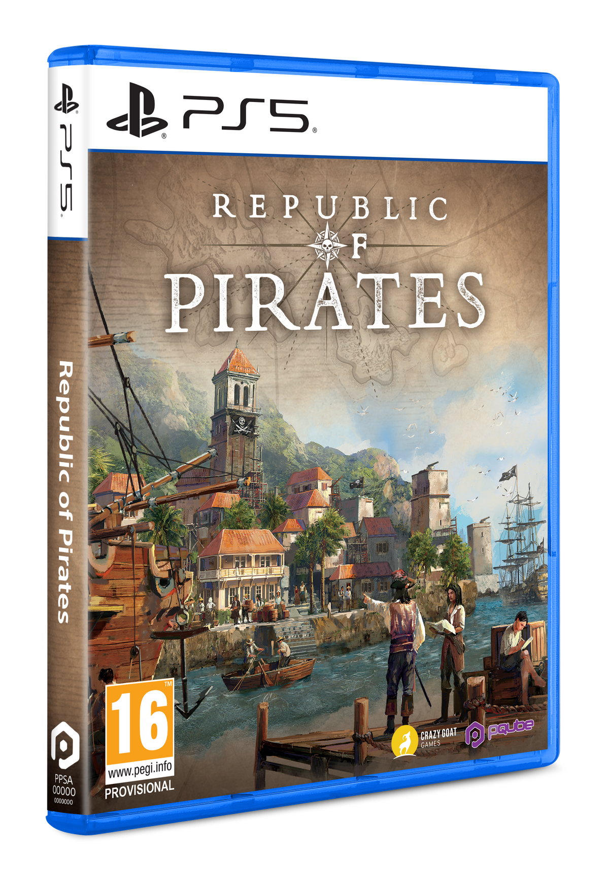 Arte de la caja del juego Republic of Pirates, con un barco pirata en un entorno costero.