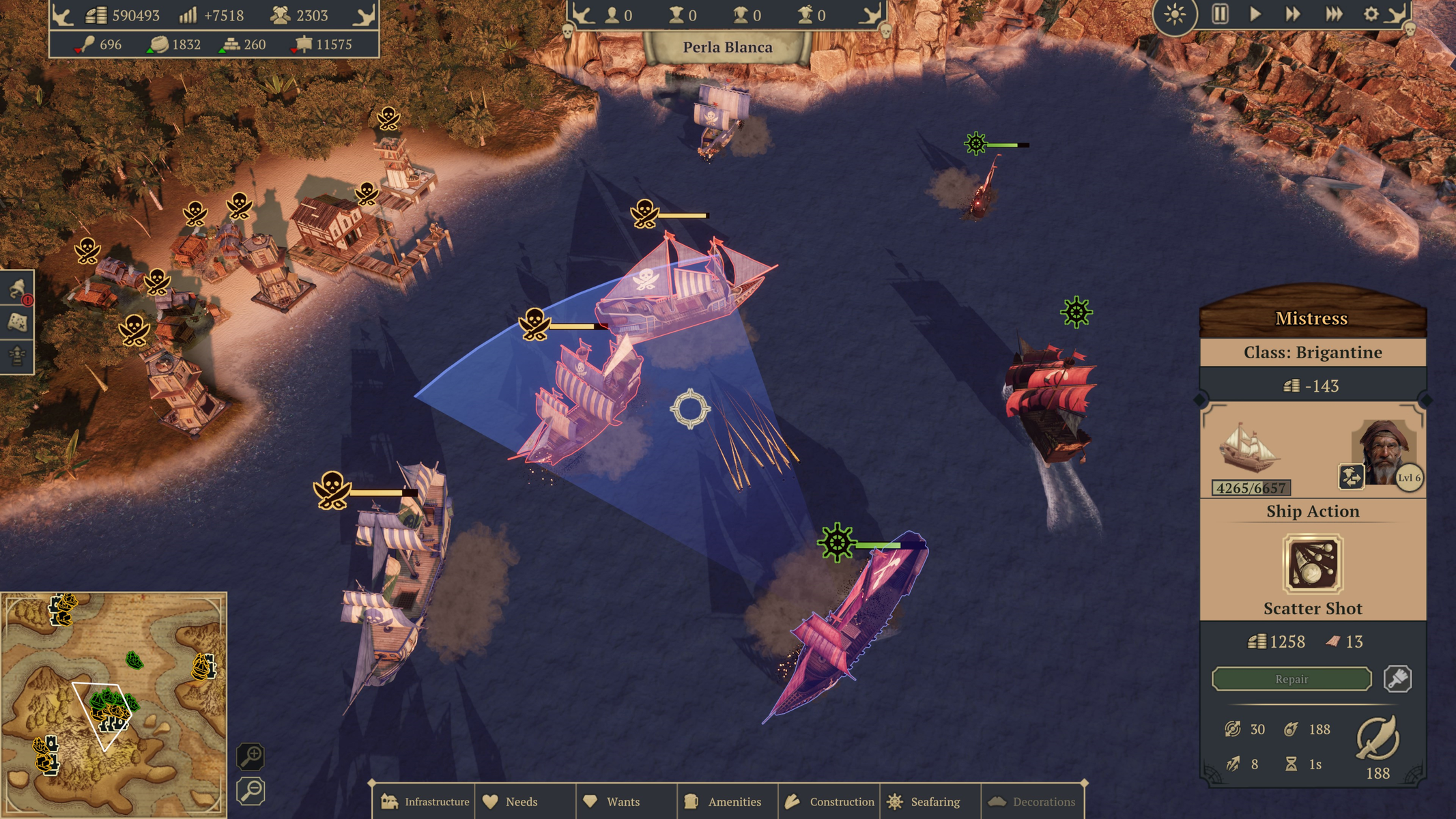 Una pantalla de juego que muestra una batalla naval con múltiples barcos piratas disparándose entre sí.