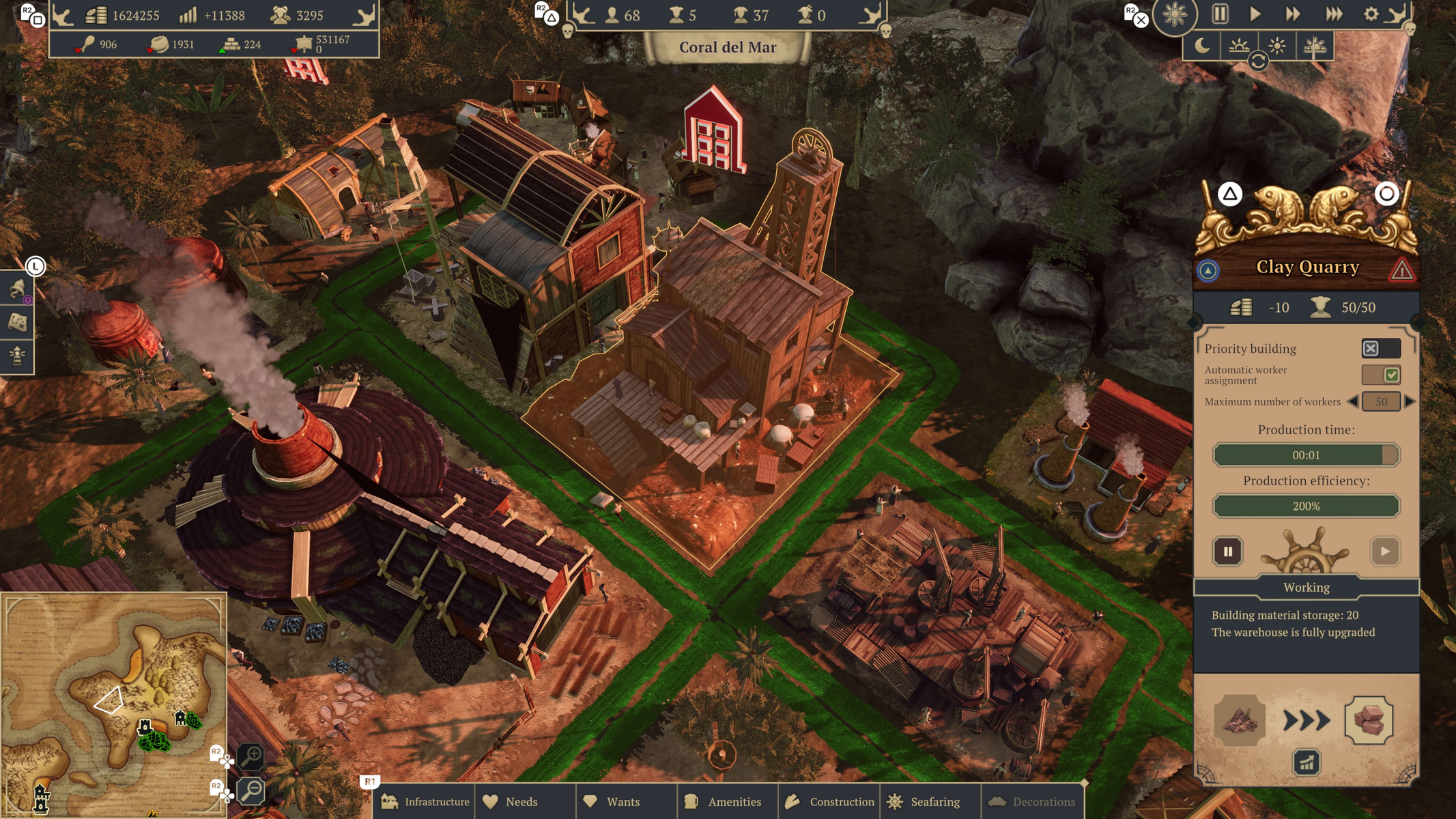 Vista cenital de la interfaz de un juego de construcción de ciudades. Edificios, recursos y elementos de interfaz.