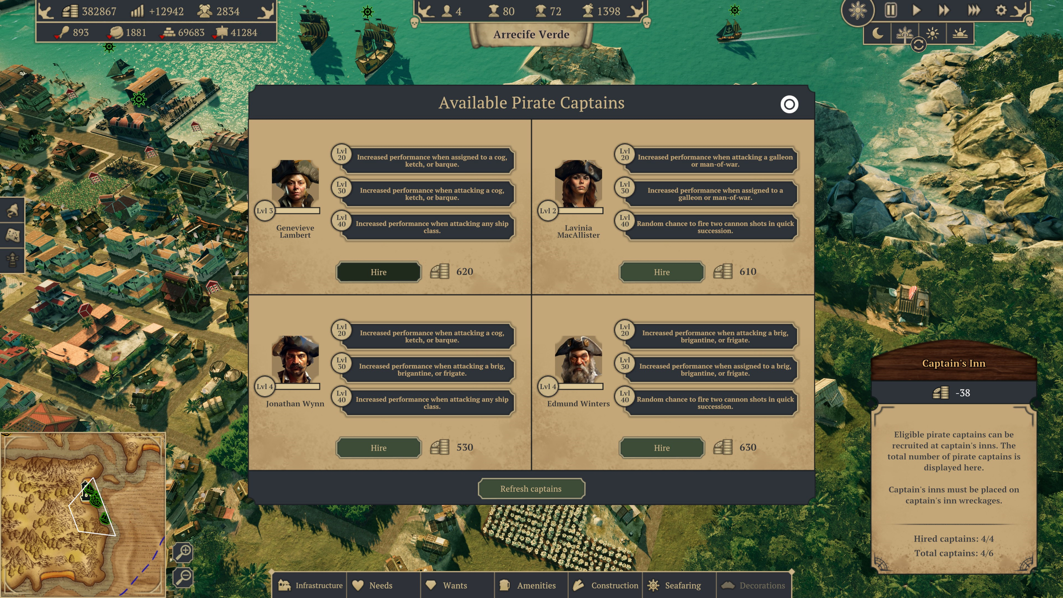 Una pantalla de juego que muestra el reclutamiento de capitanes piratas con varias estadísticas y habilidades.