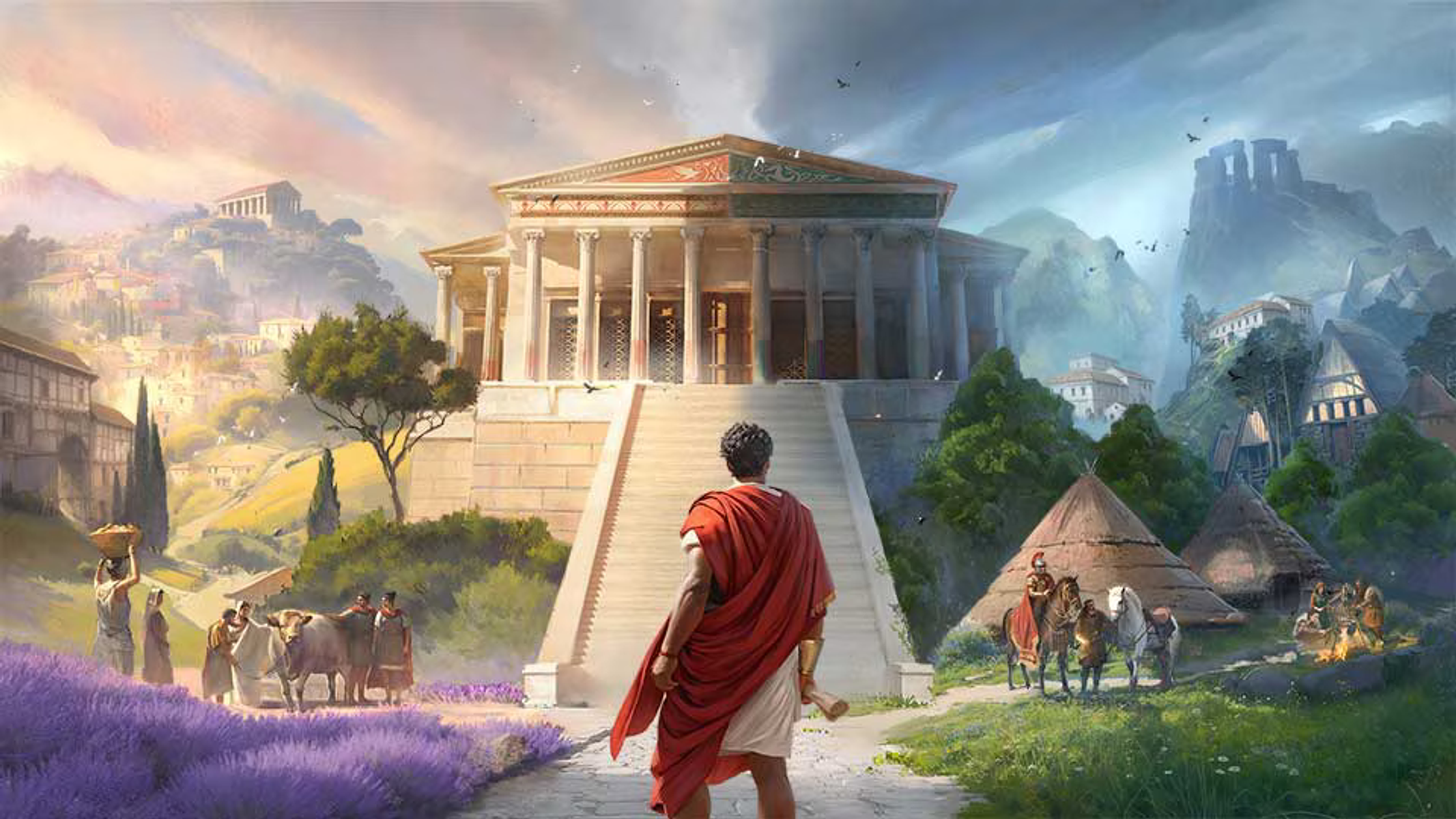 Ilustración de figura romana mirando un edificio, con paisaje a ambos lados.