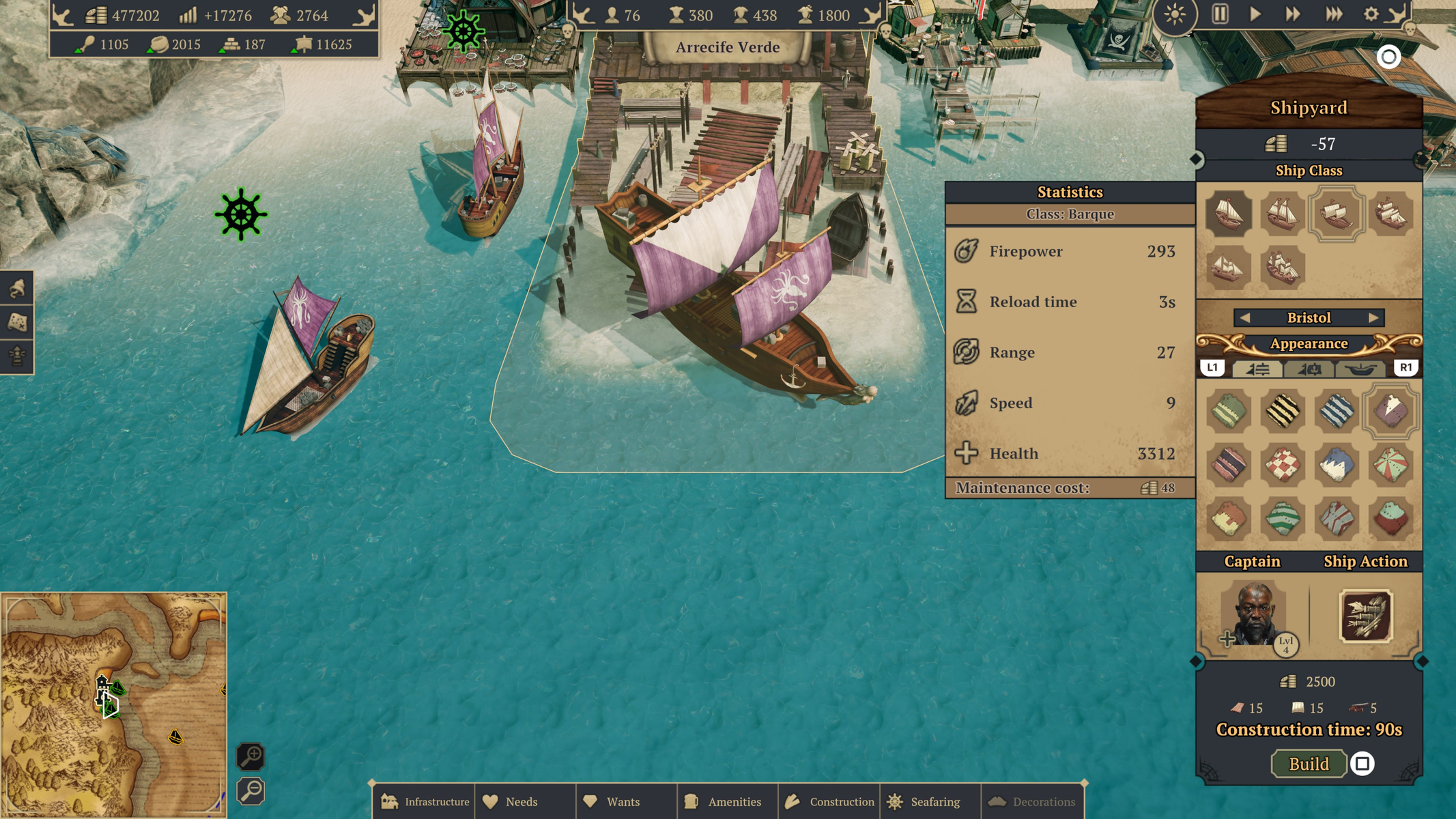 Vista superior de la interfaz de un juego con barcos, agua y tierra.