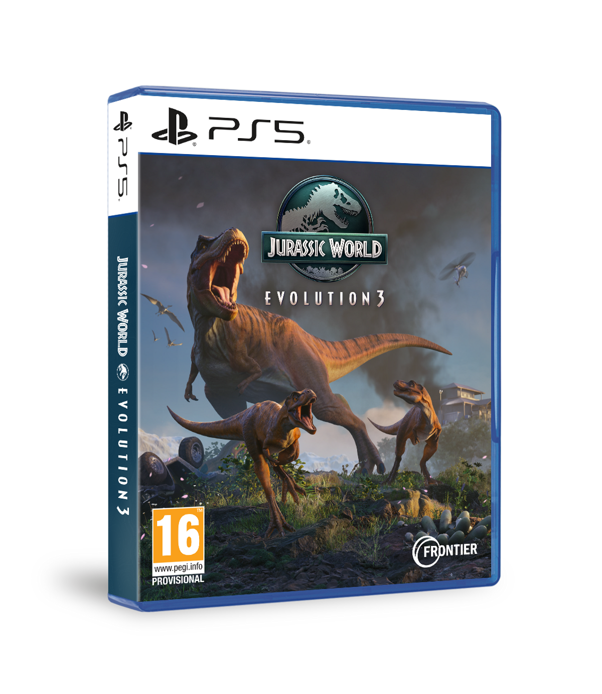 Portada del juego Jurassic World Evolution 3. Dinosaurios en un entorno selvático.