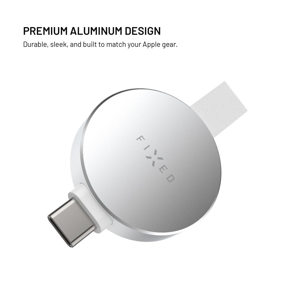 Ein silbernes Ladegerät mit USB-C-Anschluss, mit der Marke 'FIXED'.