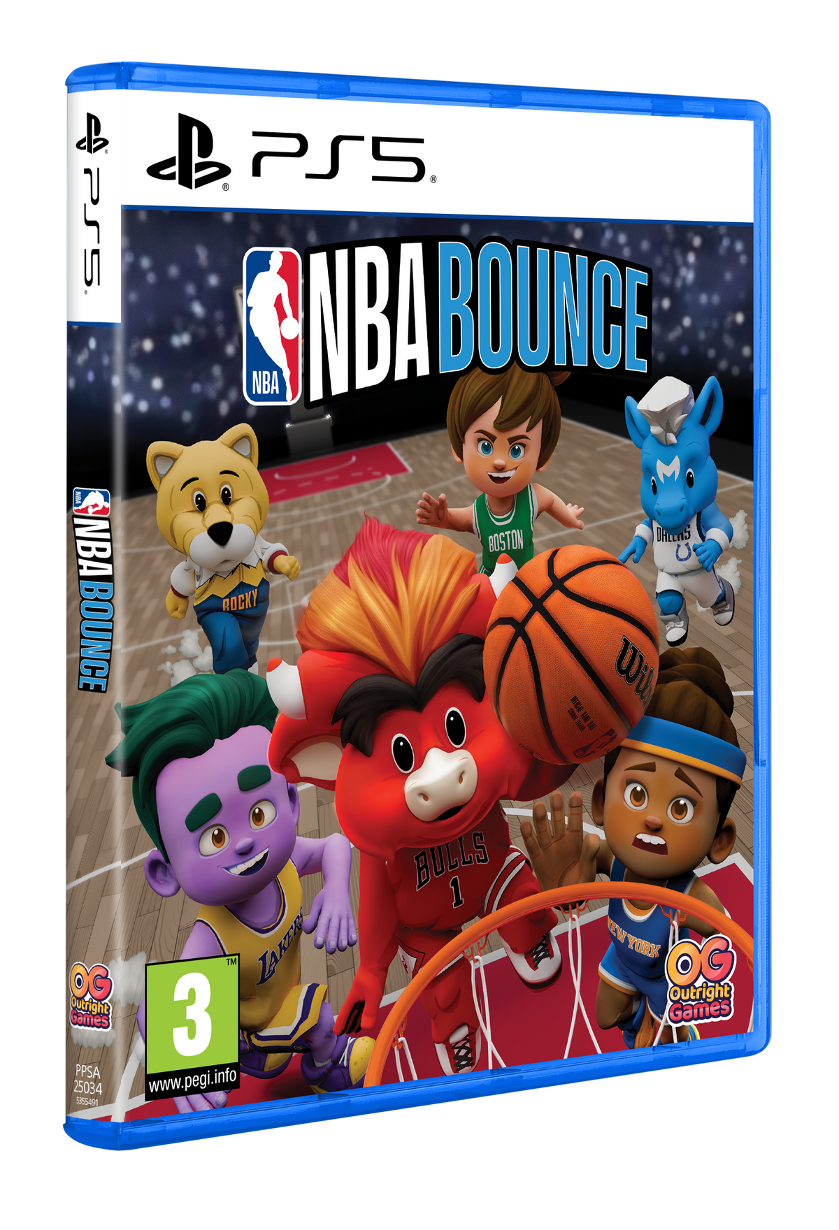 Caja del juego: Juego NBA Bounce con personajes de dibujos animados y logo de PS5.