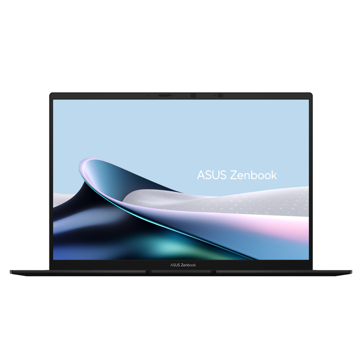 Laptop: ASUS Zenbook, abierto, color negro. Pantalla muestra arte abstracto. Teclado visible.