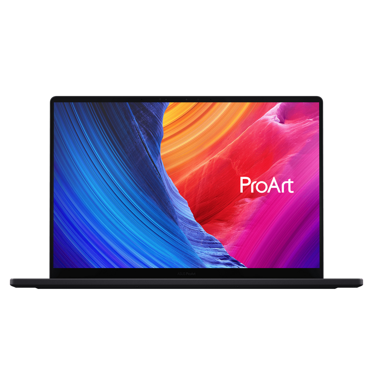 Laptop negro abierto, pantalla muestra el logo ProArt sobre fondo colorido.