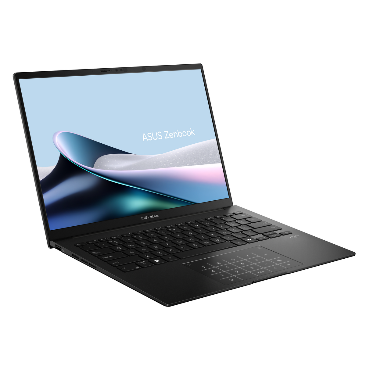 Laptop: ASUS Zenbook, negro, abierto. Pantalla muestra formas abstractas y logo.