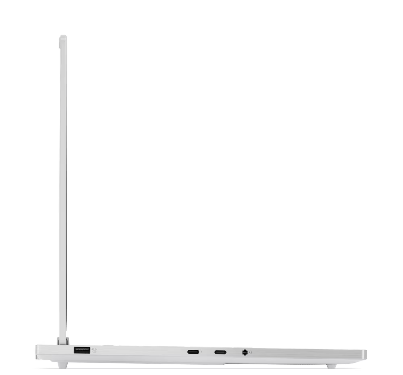 Vista lateral de una laptop blanca. Tiene una pantalla y una base con puertos. El fondo es blanco.