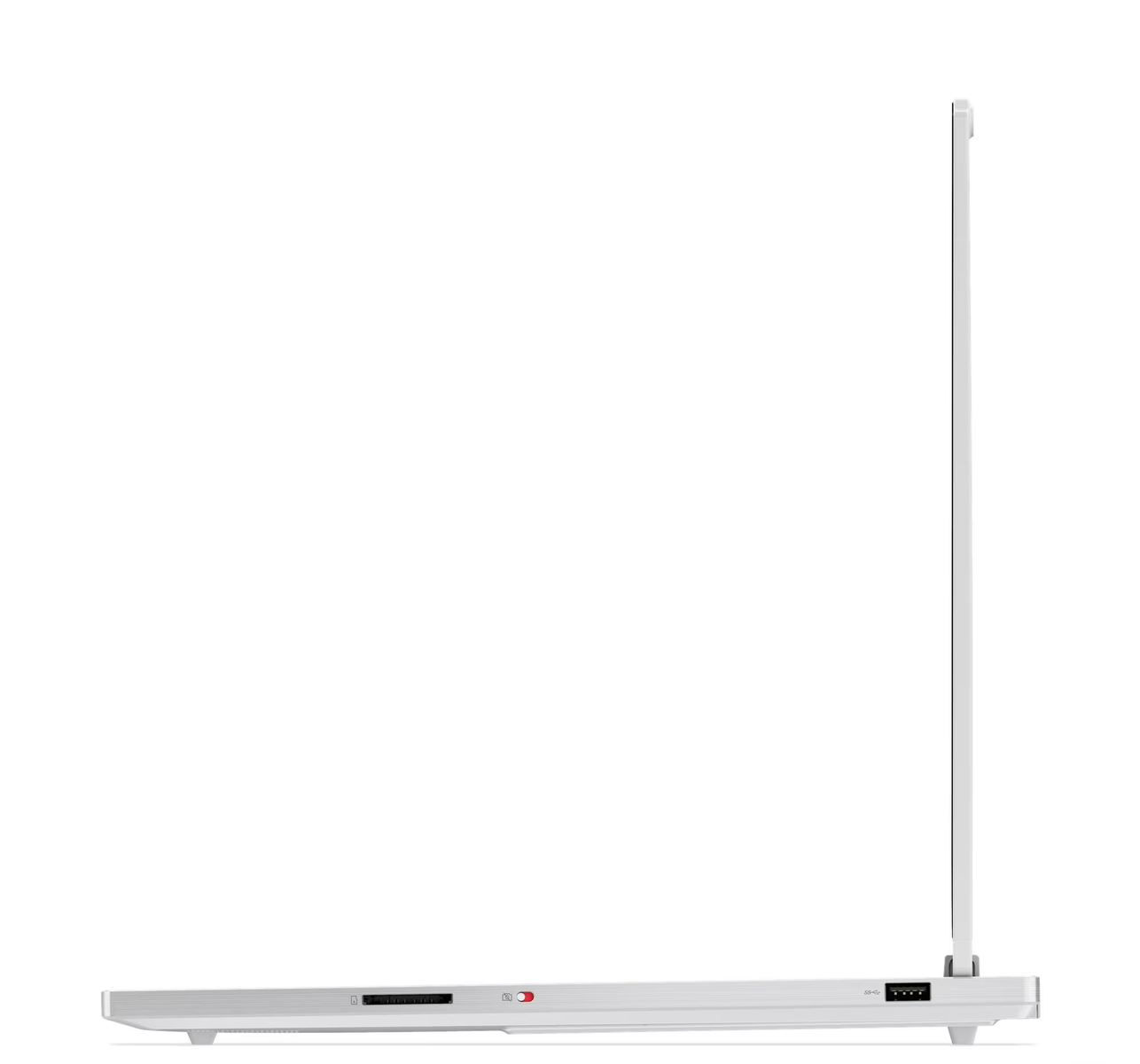 Un portátil blanco, vista lateral. Se ven puertos y una bisagra. Diseño limpio y minimalista.