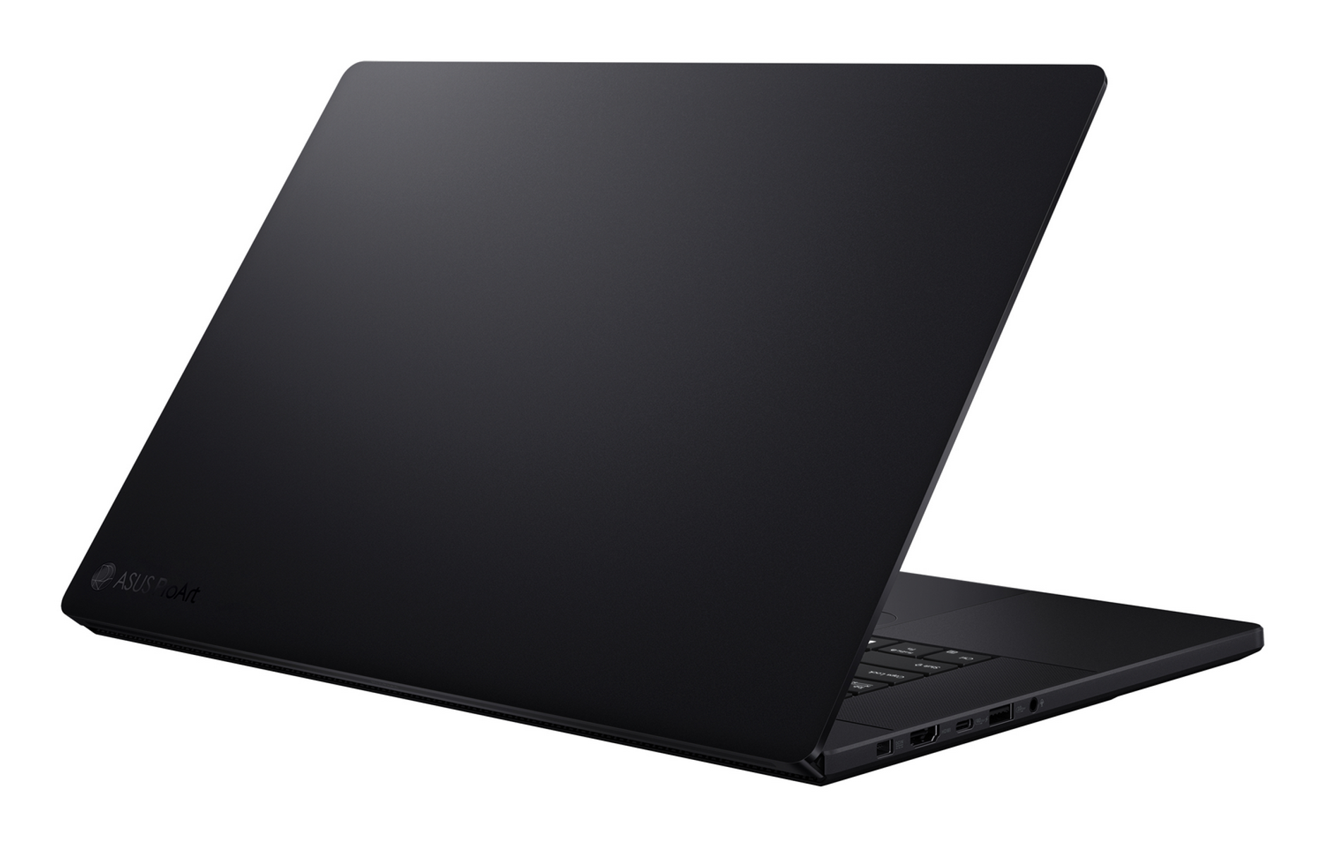 Portátil negro, ligeramente abierto. Logotipo ASUS ProArt visible. Fondo blanco limpio.