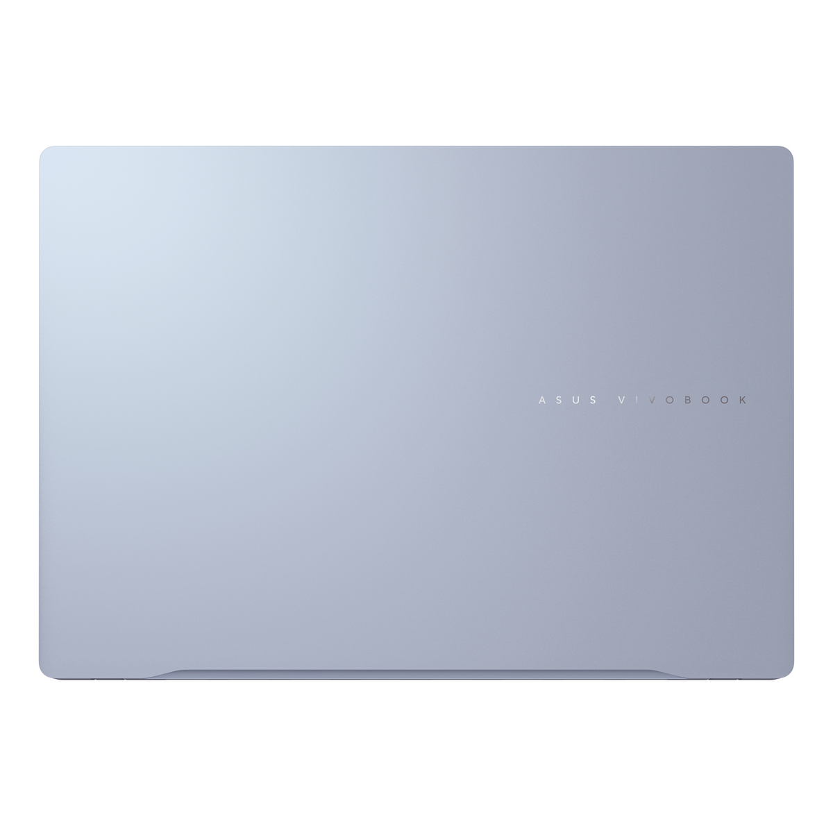 Tapa de portátil azul claro. ASUS Vivobook escrito en ella. Fondo blanco.