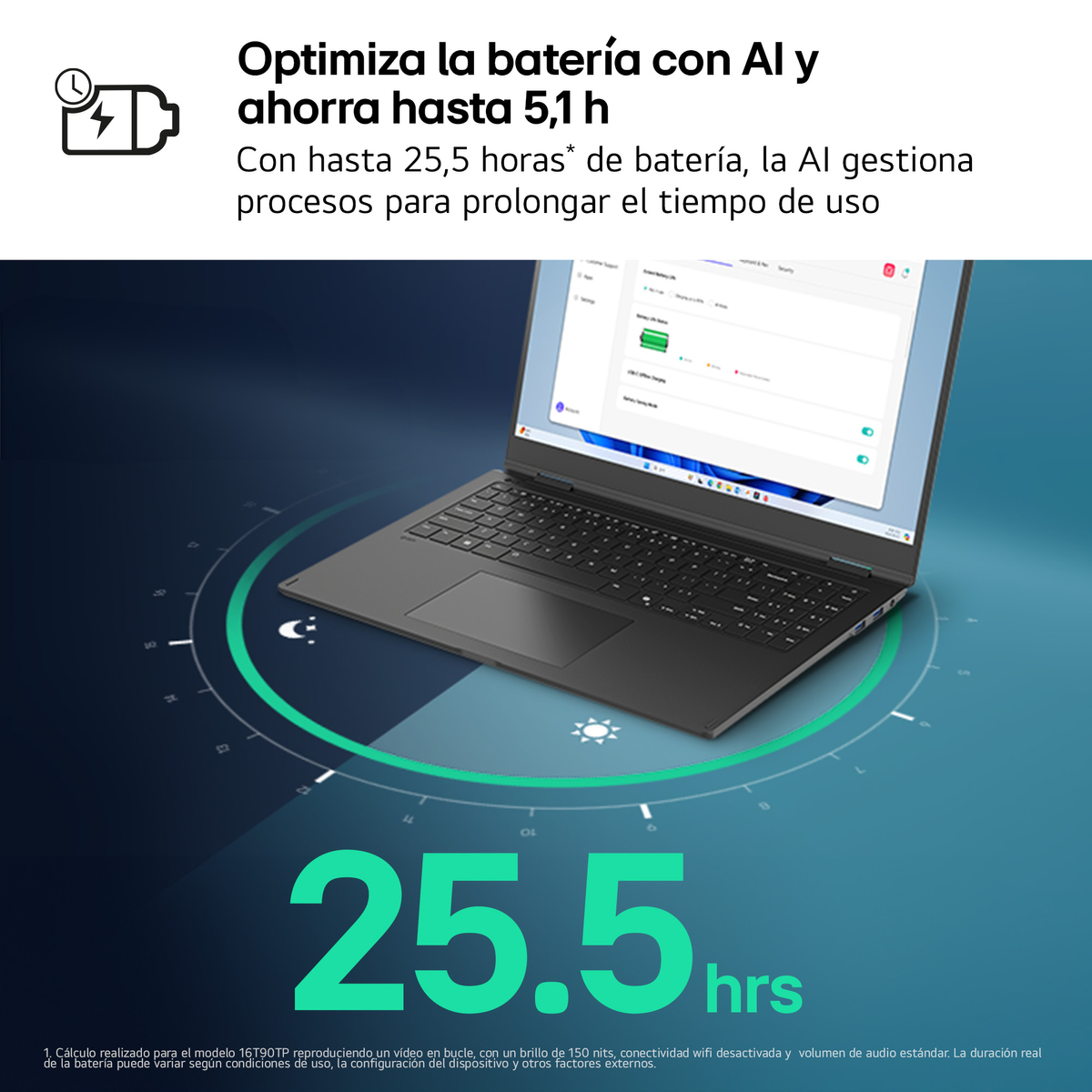 Portátil con gráfico mostrando la duración de la batería. Texto sobre IA y ahorro.