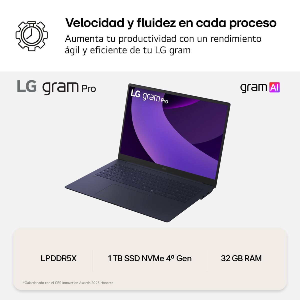 Una computadora portátil con una pantalla morada y texto sobre el producto. Las especificaciones se enumeran a continuación.