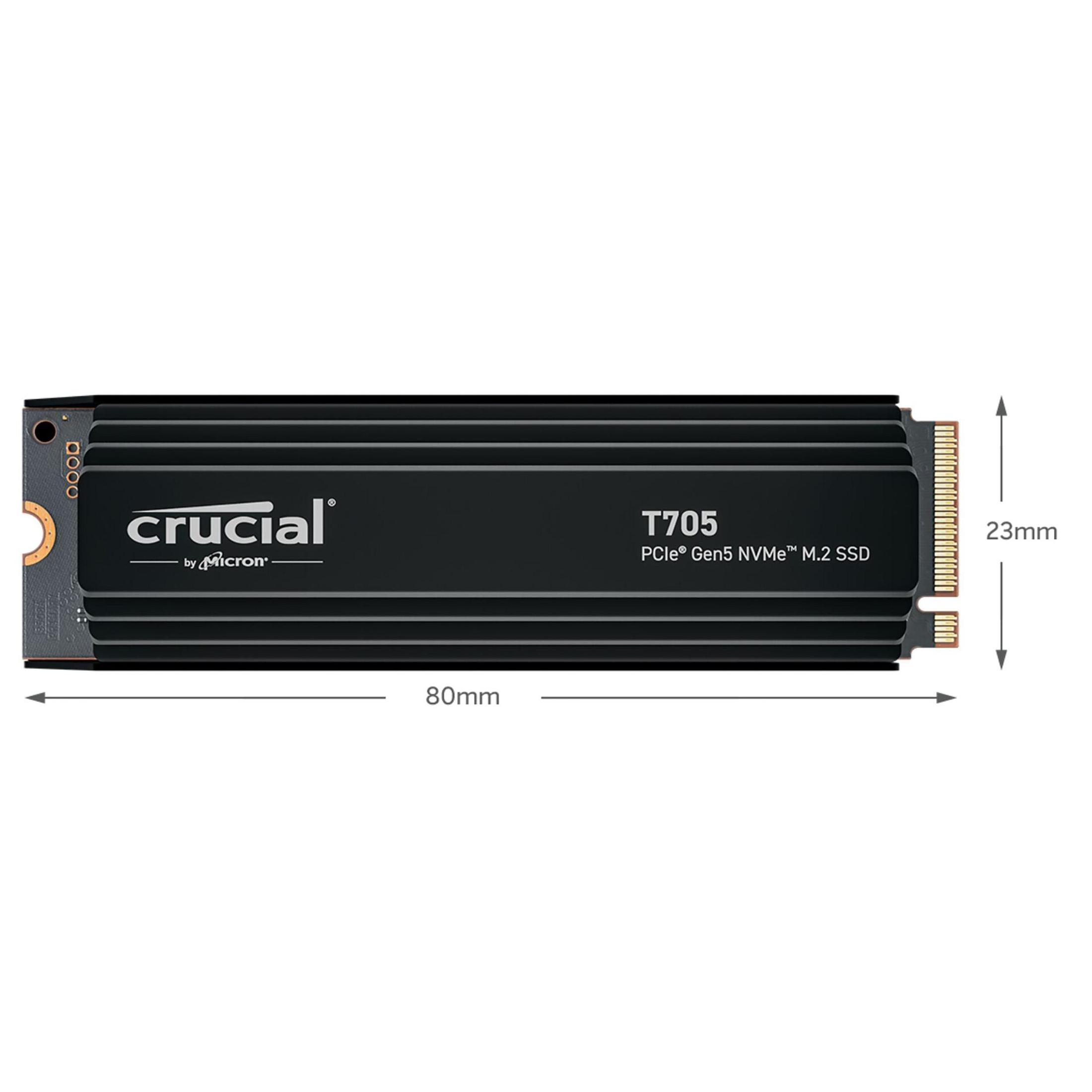 Czarny dysk SSD Crucial T705 z wymiarami. Czarny i biały kolor.