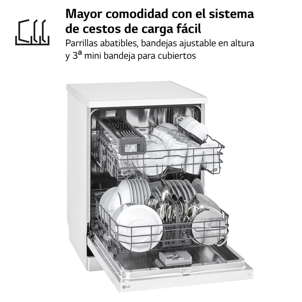 Zmywarka z otwartymi drzwiami, wewnątrz naczynia. Białe i metalowe wnętrze.