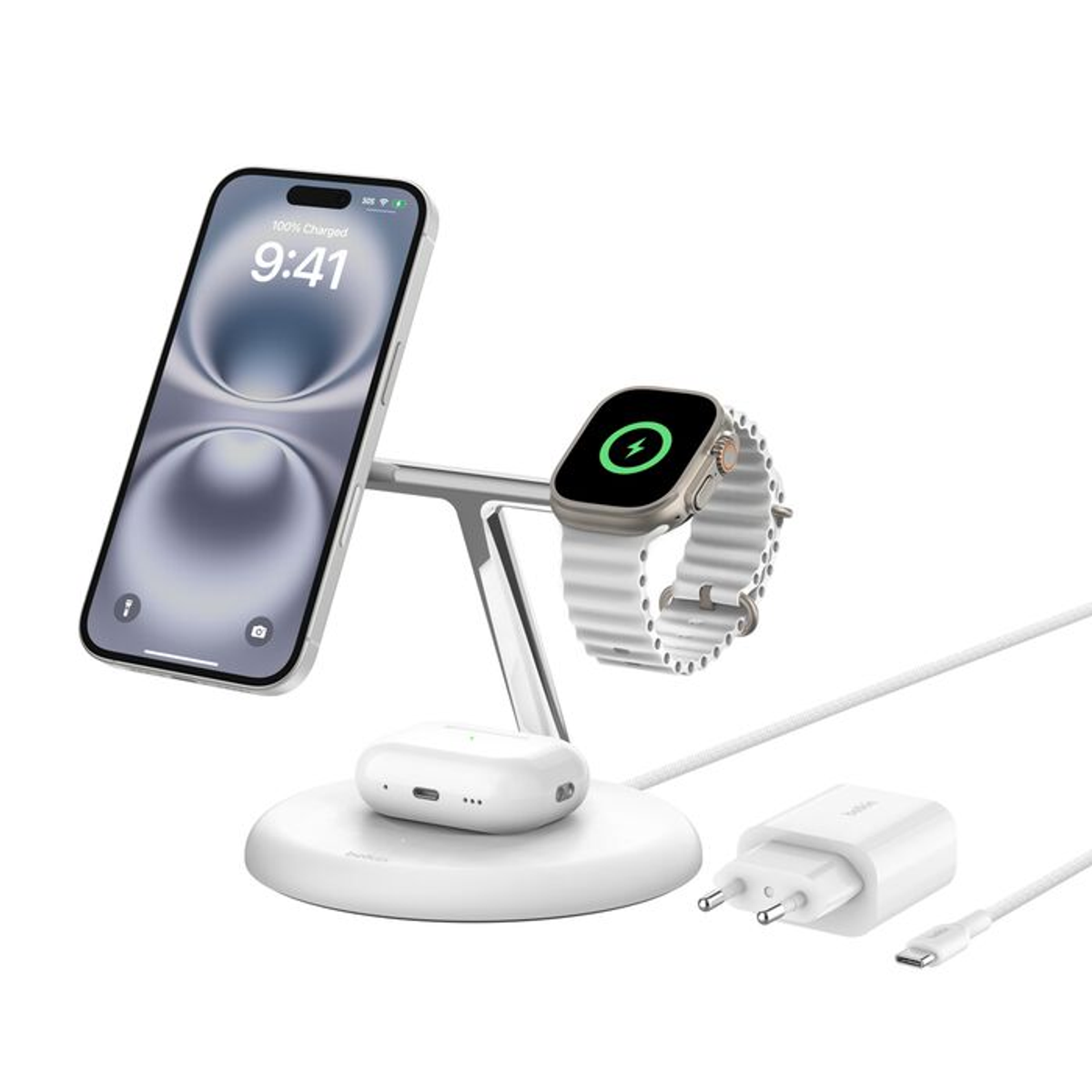 Stazione di ricarica con telefono, orologio e auricolari. Colori bianco e argento.