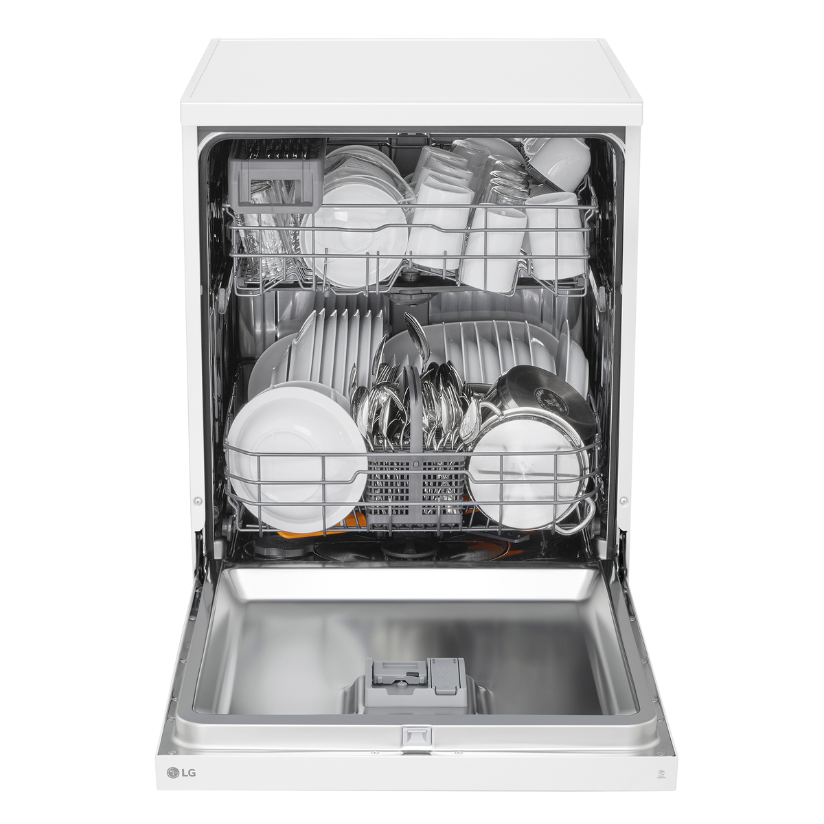 Zmywarka z otwartymi drzwiami, wypełniona naczyniami, szklankami i sztućcami. Wnętrze jest ze stali nierdzewnej.