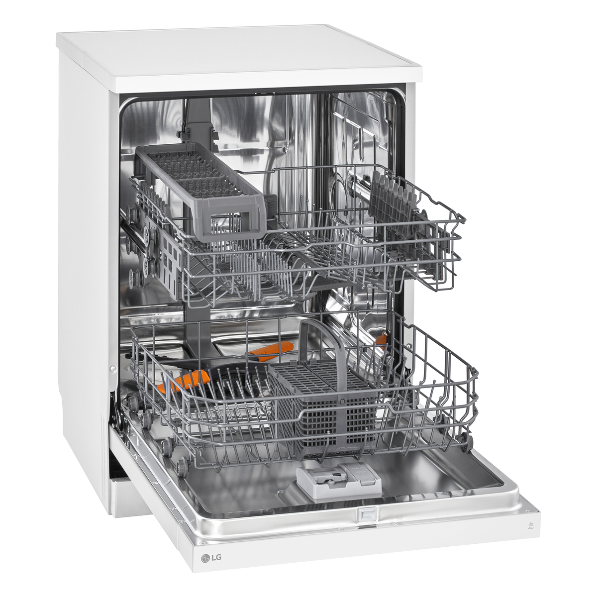 Zmywarka z otwartymi drzwiami, pokazująca półki i wnętrze. Wnętrze ze stali nierdzewnej.