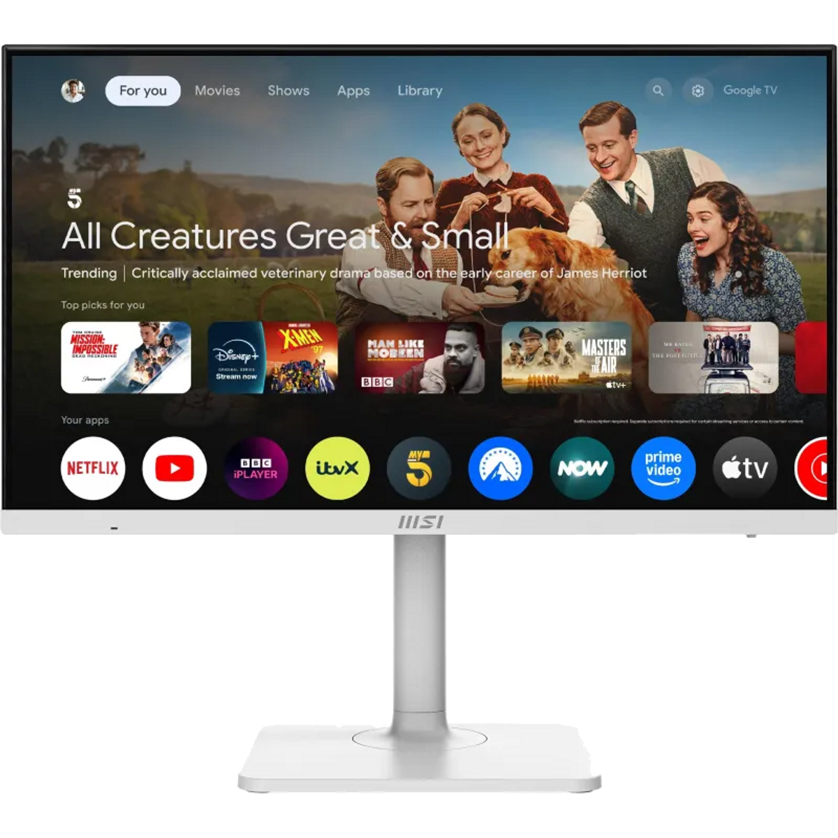 Un monitor de pantalla plana que muestra una interfaz de servicio de transmisión de películas. El monitor está en un soporte blanco.