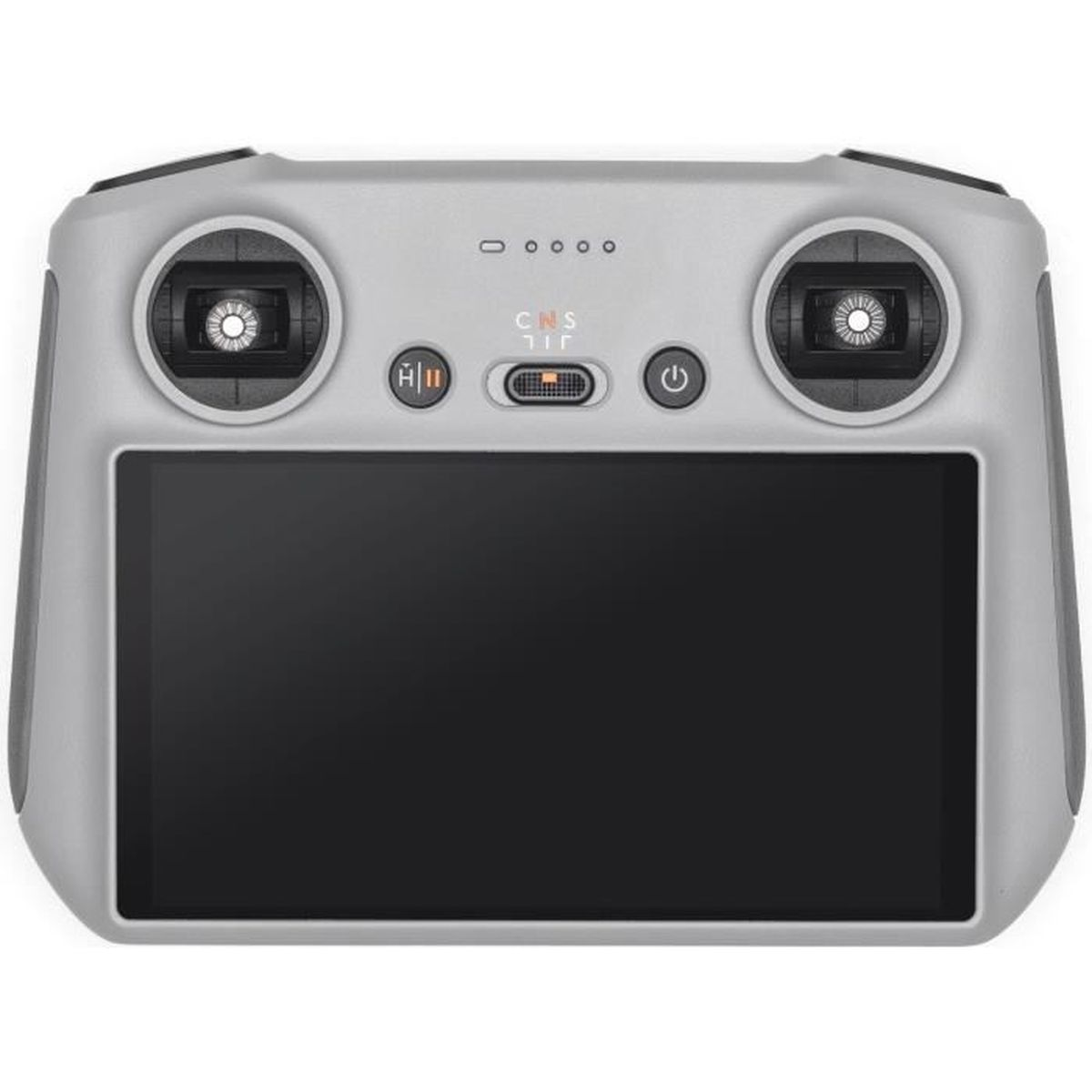 Control remoto de dron DJI gris con pantalla y palancas de control. Los botones son visibles en la superficie.