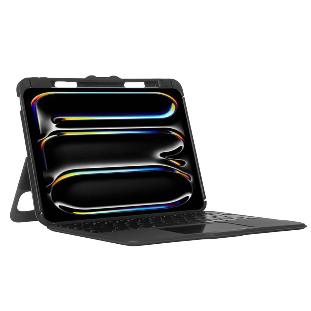 Czarny laptop z kolorowym ekranem, klawiaturą i podstawką. Laptop jest otwarty.