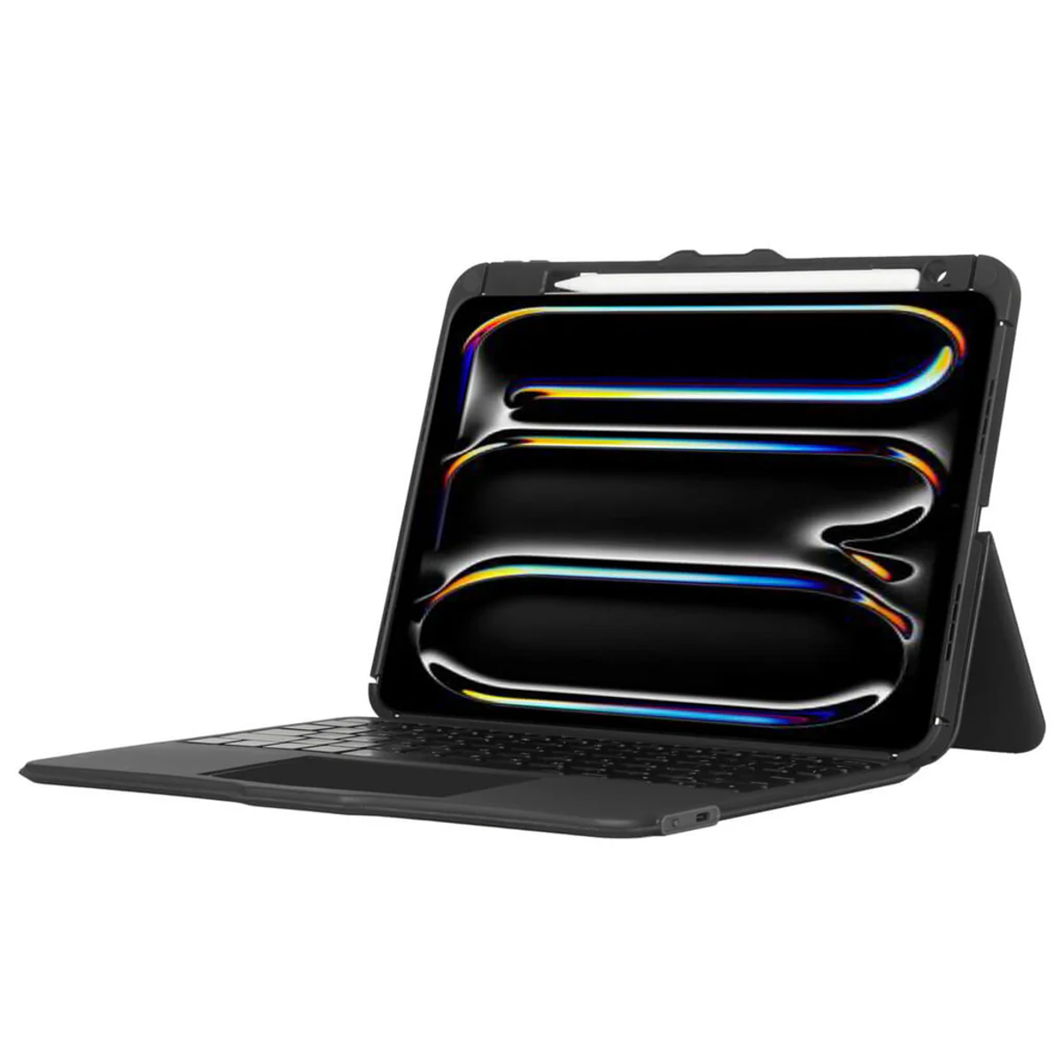 Otwarta czarna obudowa iPada z klawiaturą, rysikiem i wyświetlaczem tabletu z kolorowym abstrakcyjnym obrazem.