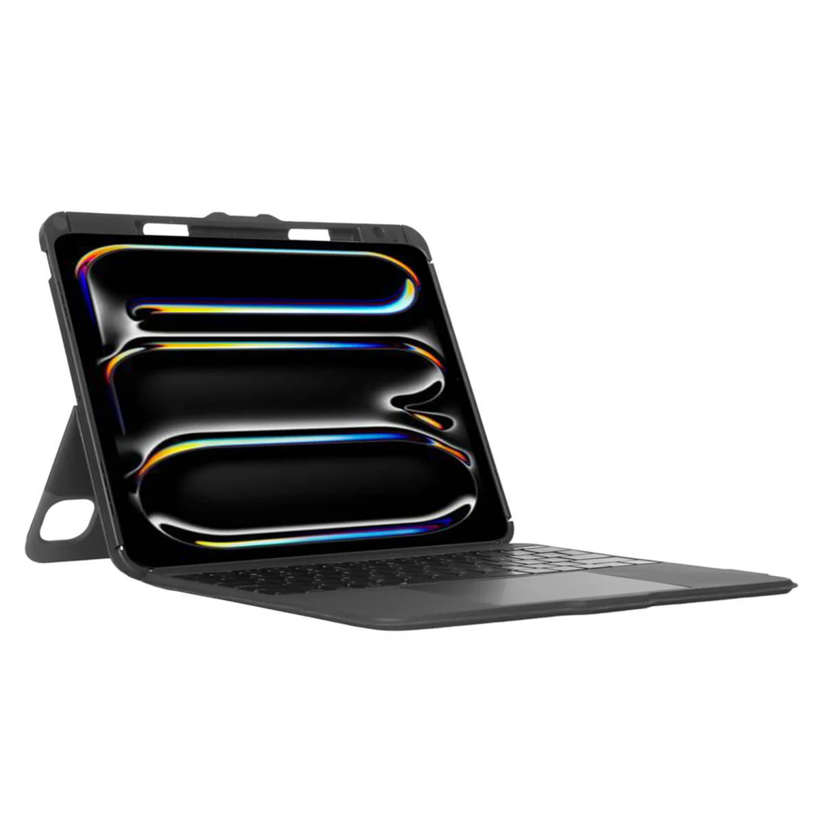 Czarne etui na iPada z klawiaturą, otwarte, aby pokazać ekran tabletu z kolorowym abstrakcyjnym obrazem.