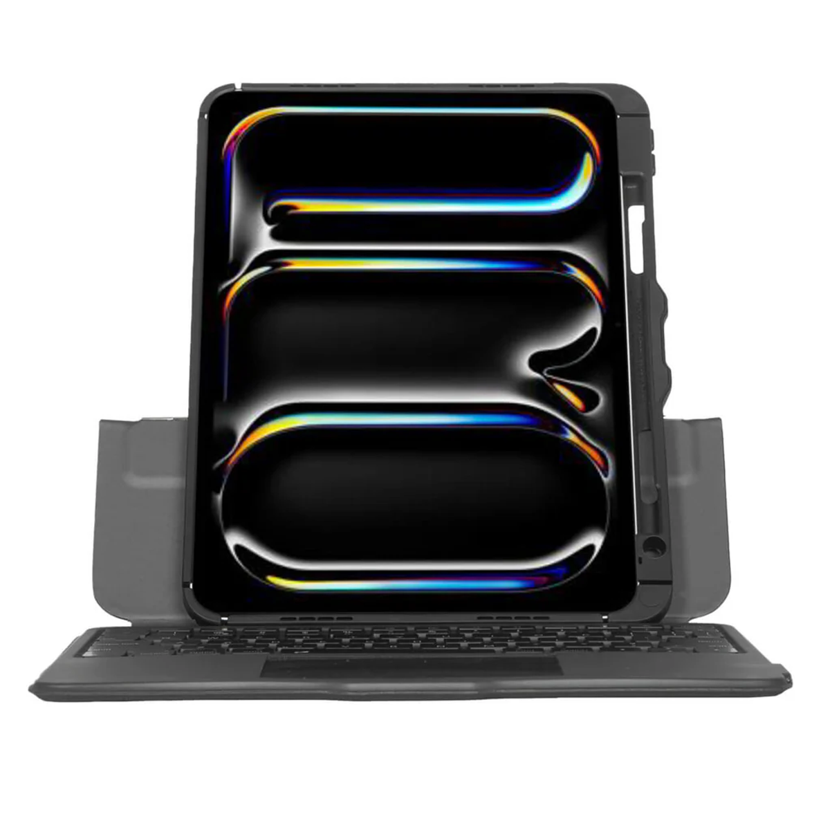 iPad w czarnym etui z klawiaturą. Ekran wyświetla kolorową sztukę abstrakcyjną.