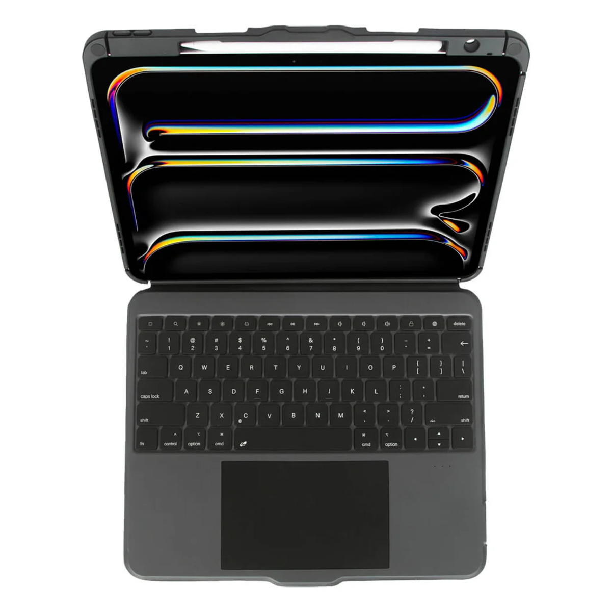 iPad w czarnym etui z klawiaturą. Ekran wyświetla kolorową sztukę abstrakcyjną.