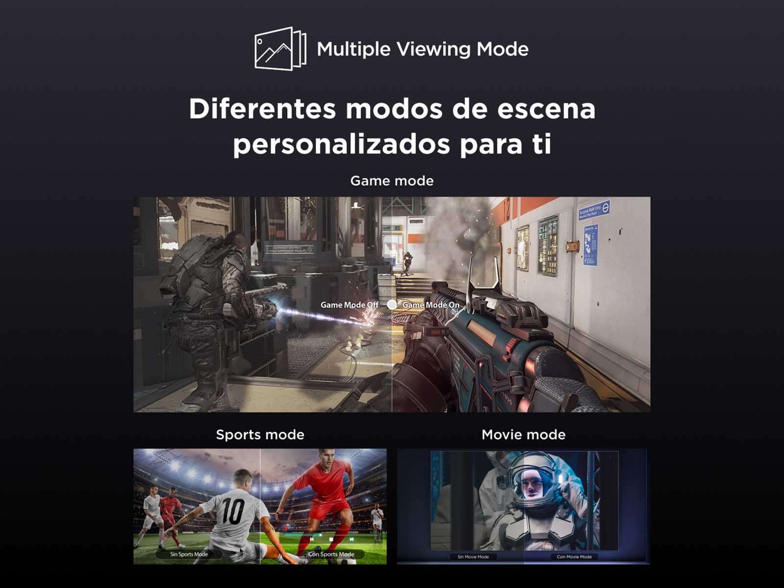 Ekran telewizora pokazuje wiele trybów wyświetlania dla gier, sportu i filmów, z nakładkami tekstowymi.