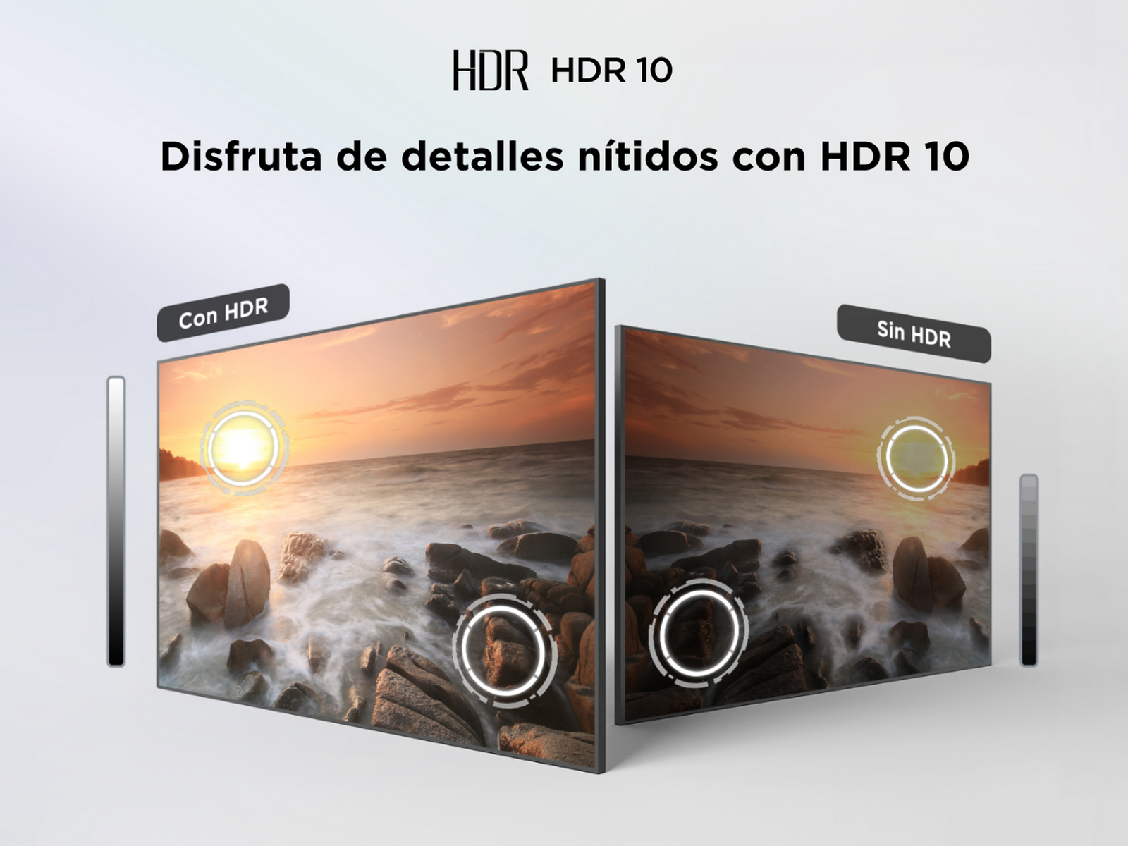 Dwa ekrany pokazujące zachód słońca, jeden z 'Con HDR', drugi 'Sin HDR', podkreślając zalety HDR.