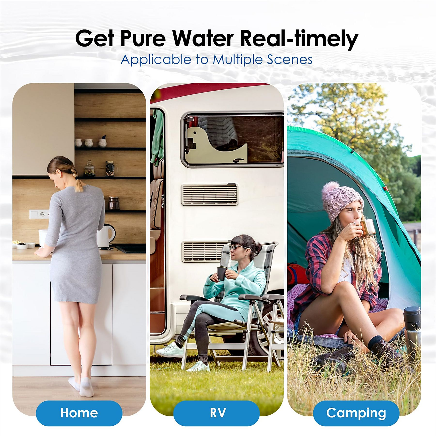 Drei Szenen mit Personen, die Wasserfiltration nutzen. Haus-, Wohnmobil- und Camping-Szenen.