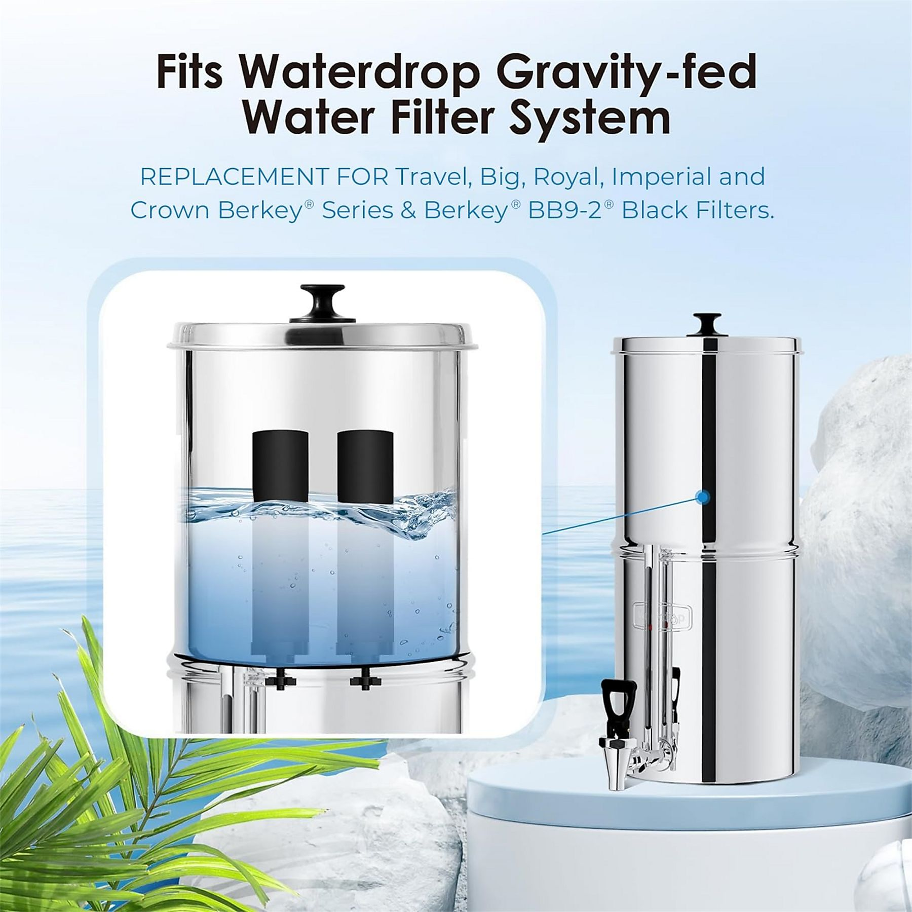 Ein Wasserfiltersystem mit zwei Behältern. Links Wasser mit Filtern, rechts montiert.